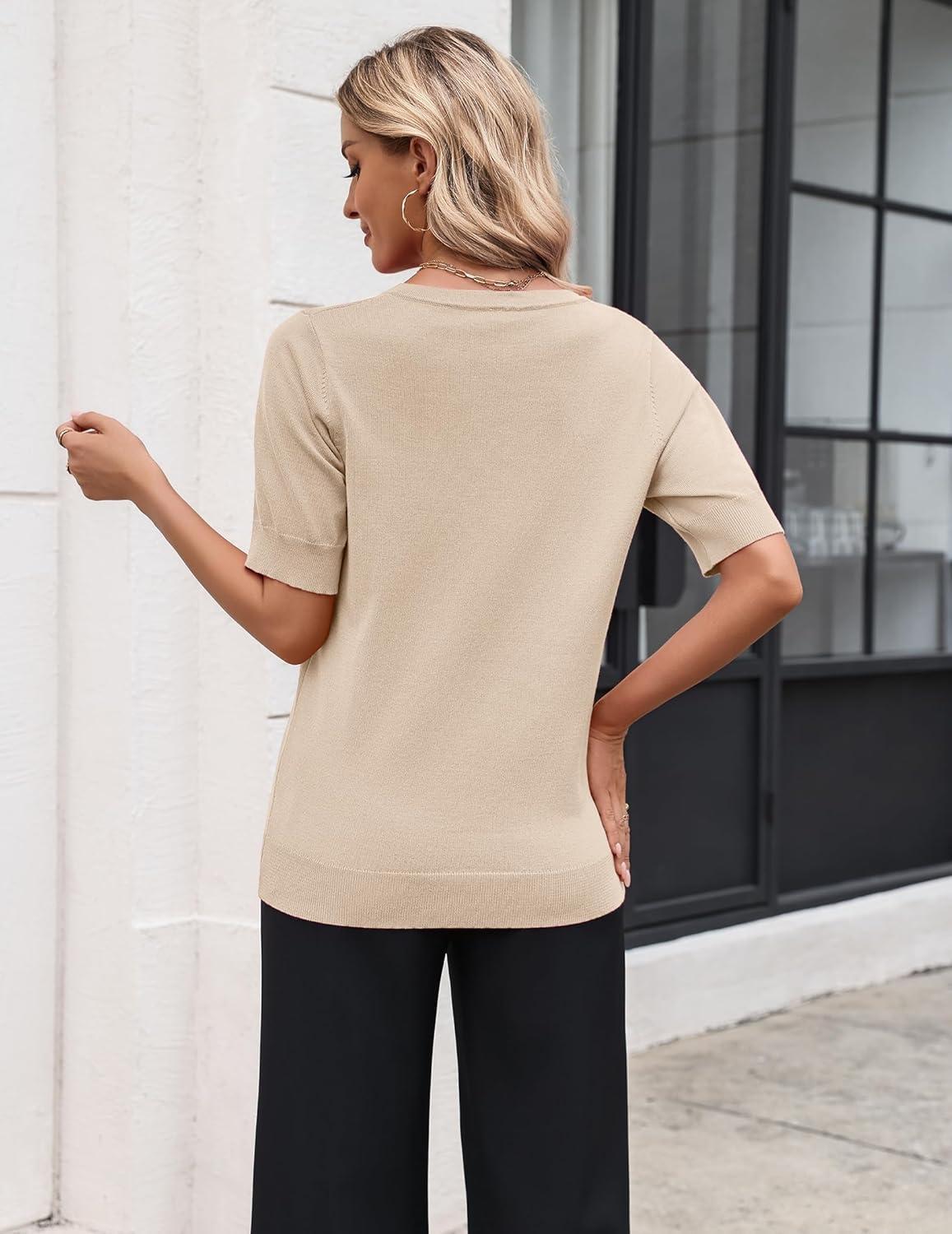 imageZeagoo Womens Short Sleeve Sweater 2026 Spring Summer Tops Lightweight Casual V Neck Sweaters Dressy Work Blouses ClothesApricot