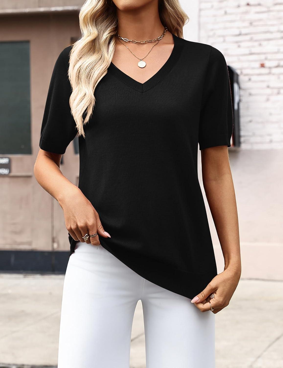 imageZeagoo Womens Short Sleeve Sweaters 2026 Summer Lightweight V Neck Pullover Tops Dressy Business Casual Blouses ClothesBlack