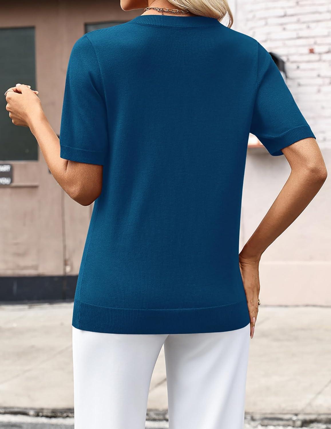 imageZeagoo Womens Short Sleeve Sweaters 2026 Summer Lightweight V Neck Pullover Tops Dressy Business Casual Blouses ClothesBlue