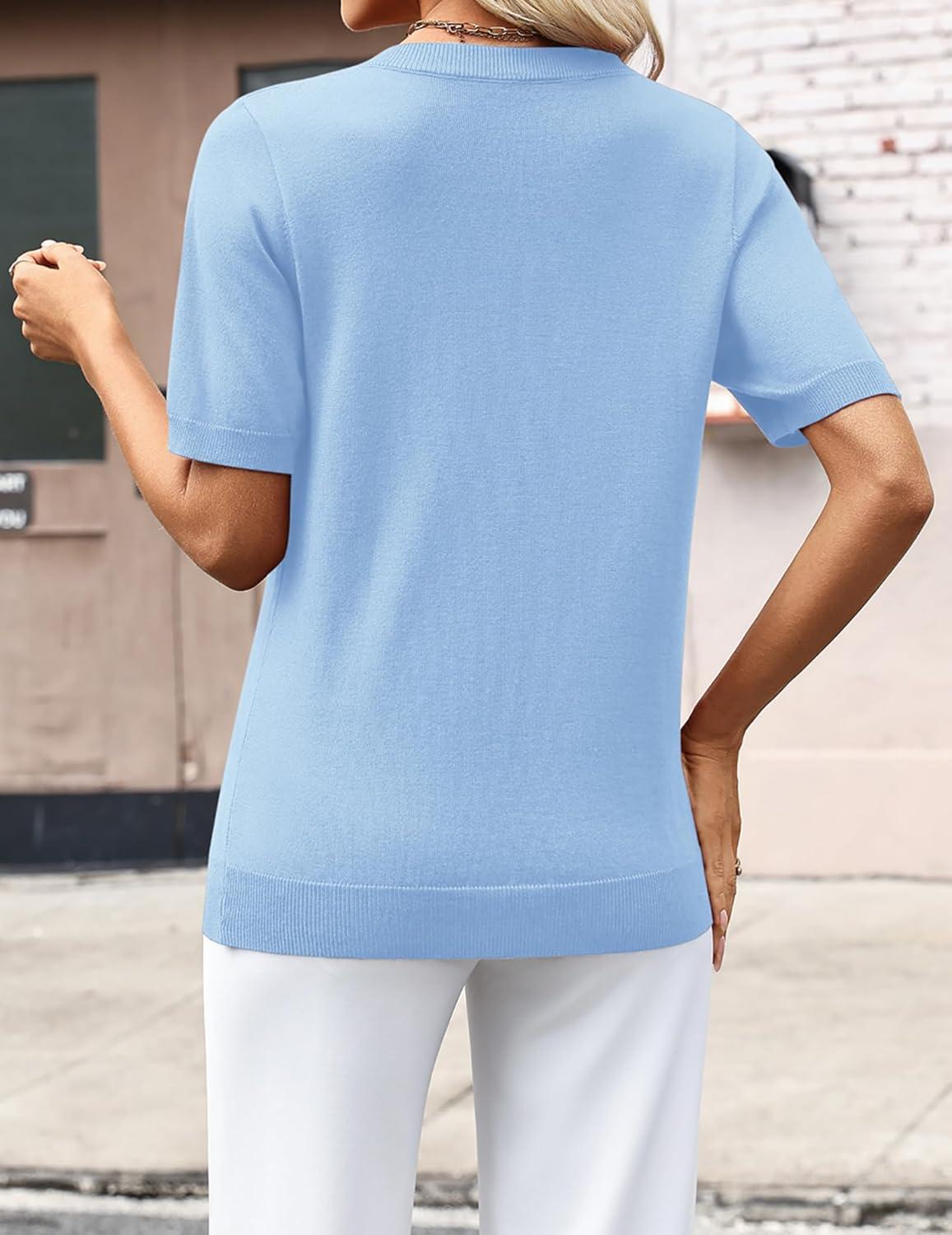 imageZeagoo Womens Short Sleeve Sweaters 2026 Summer Lightweight V Neck Pullover Tops Dressy Business Casual Blouses ClothesLight Blue