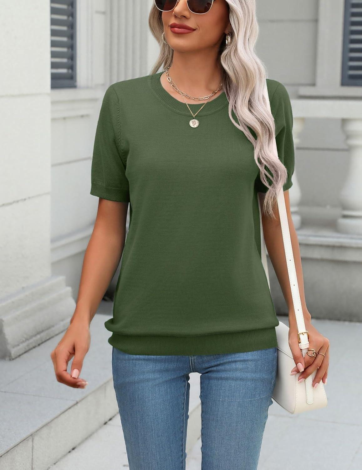 imageZeagoo Womens Summer Short Sleeve Tops Crew Neck Lightweight Pullover Sweaters Loose Dressy Casual Blouse Basic ClothesArmy Green