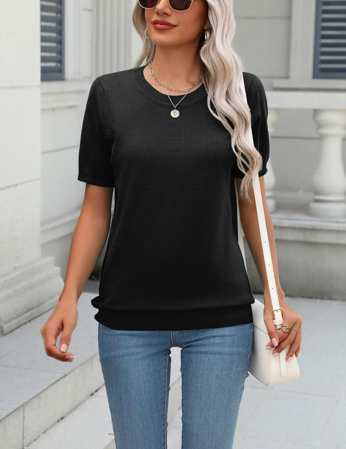 imageZeagoo Womens Summer Short Sleeve Tops Crew Neck Lightweight Pullover Sweaters Loose Dressy Casual Blouse Basic ClothesBlack