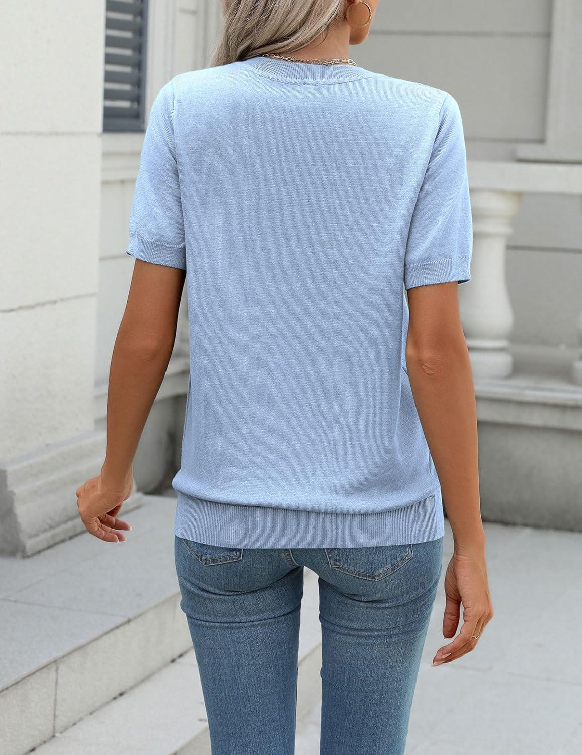 imageZeagoo Womens Summer Short Sleeve Tops Crew Neck Lightweight Pullover Sweaters Loose Dressy Casual Blouse Basic ClothesBlue