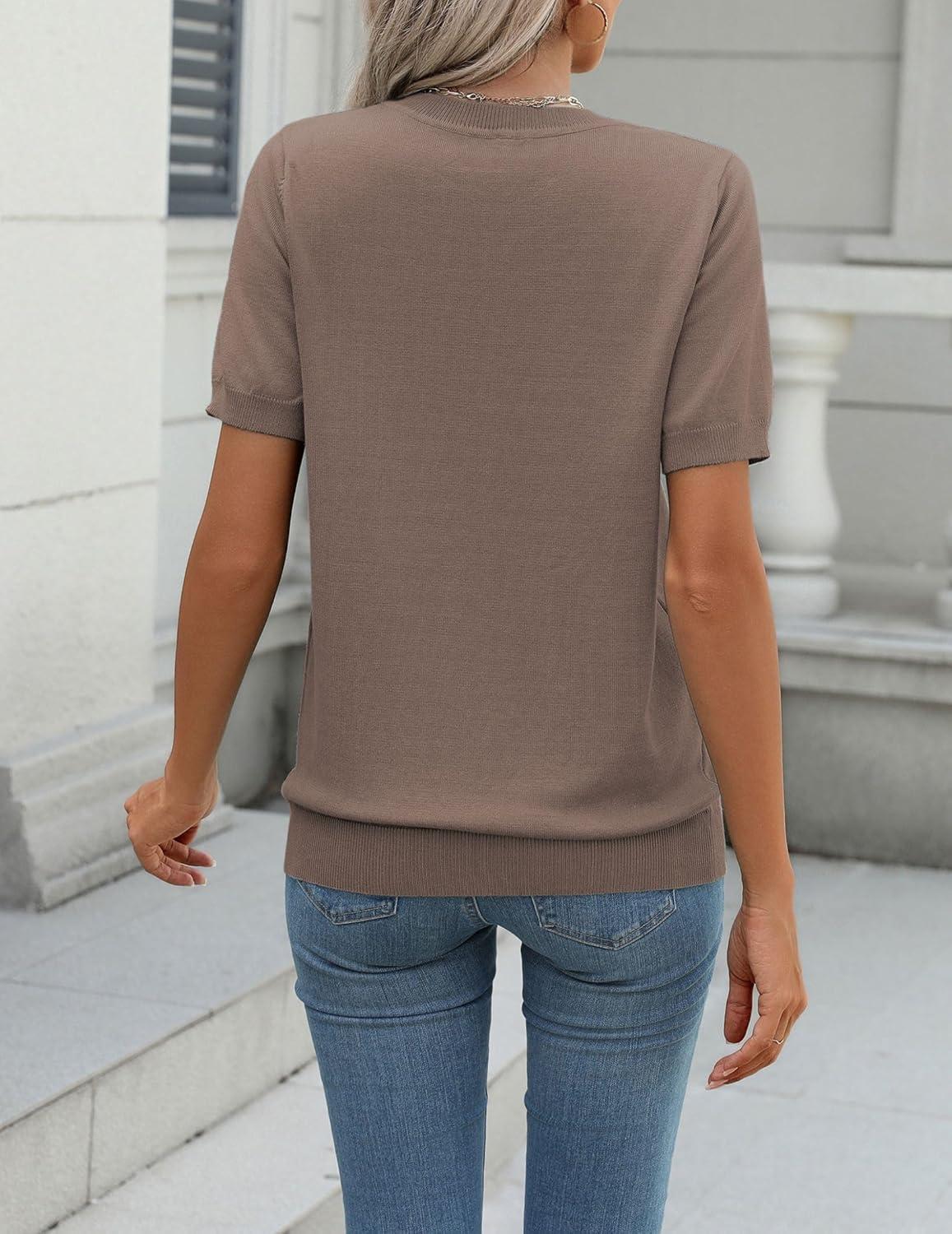 imageZeagoo Womens Summer Short Sleeve Tops Crew Neck Lightweight Pullover Sweaters Loose Dressy Casual Blouse Basic ClothesBrown
