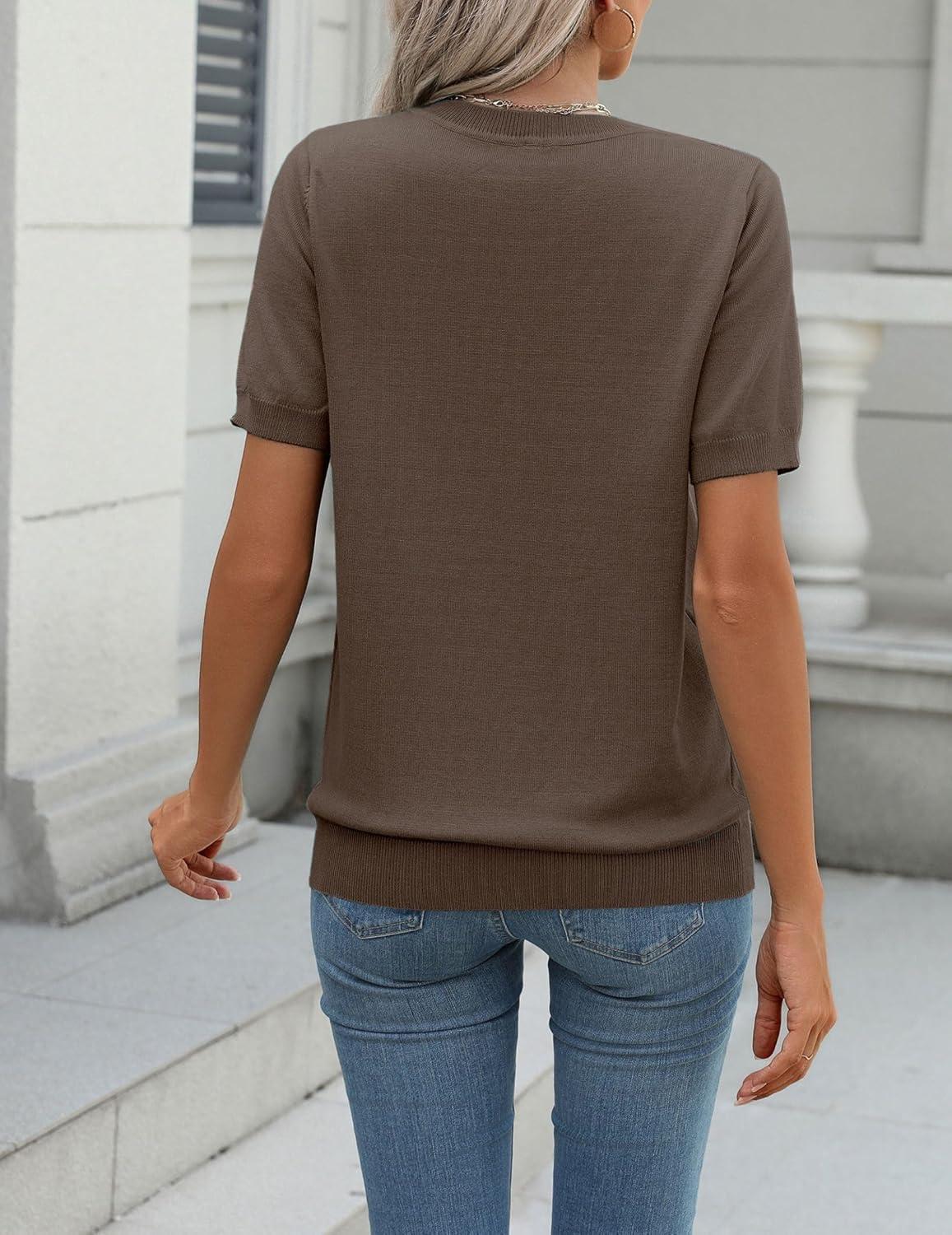 imageZeagoo Womens Summer Short Sleeve Tops Crew Neck Lightweight Pullover Sweaters Loose Dressy Casual Blouse Basic ClothesCamel