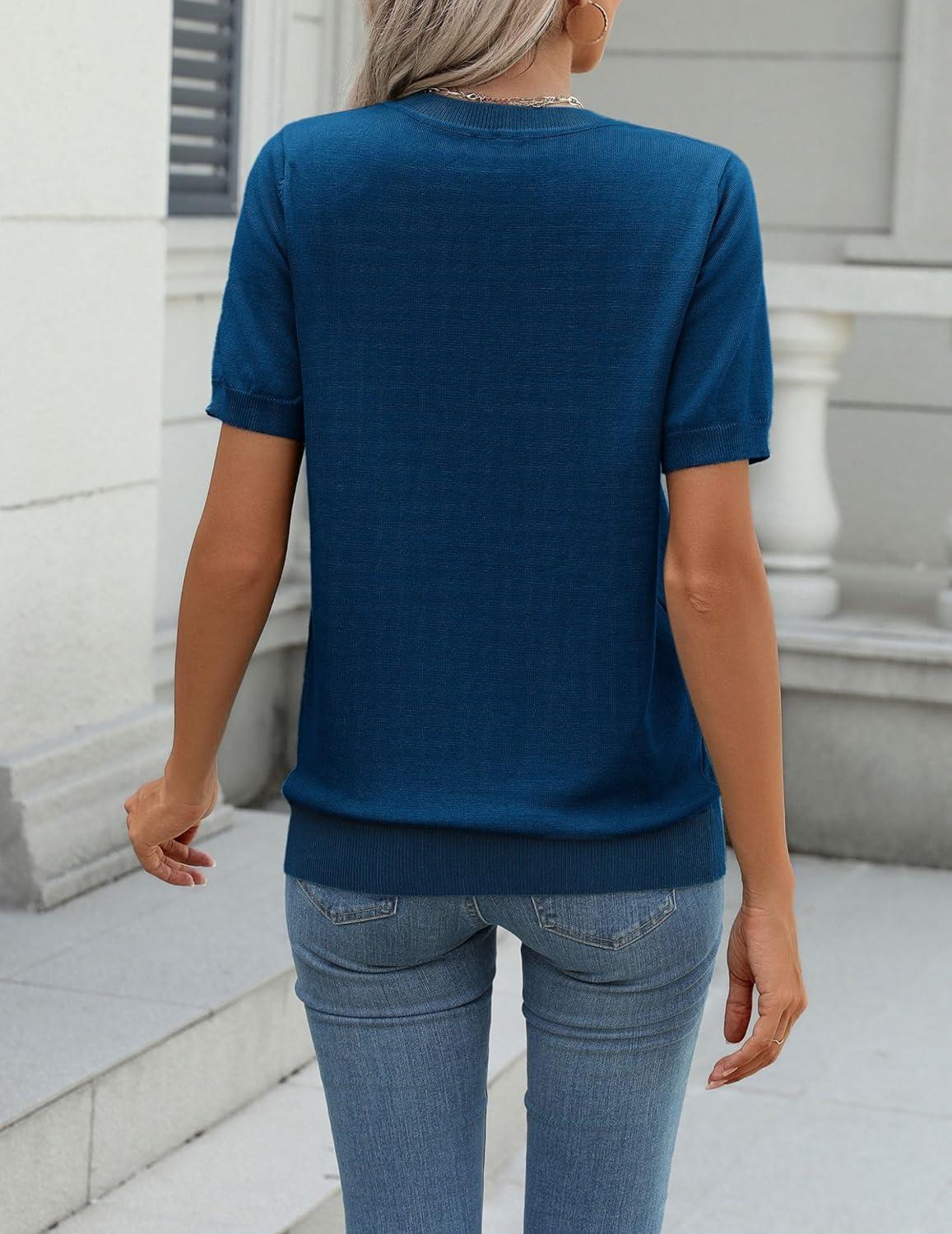 imageZeagoo Womens Summer Short Sleeve Tops Crew Neck Lightweight Pullover Sweaters Loose Dressy Casual Blouse Basic ClothesDark Blue