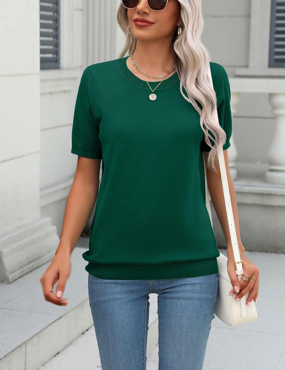 imageZeagoo Womens Summer Short Sleeve Tops Crew Neck Lightweight Pullover Sweaters Loose Dressy Casual Blouse Basic ClothesGrass Green
