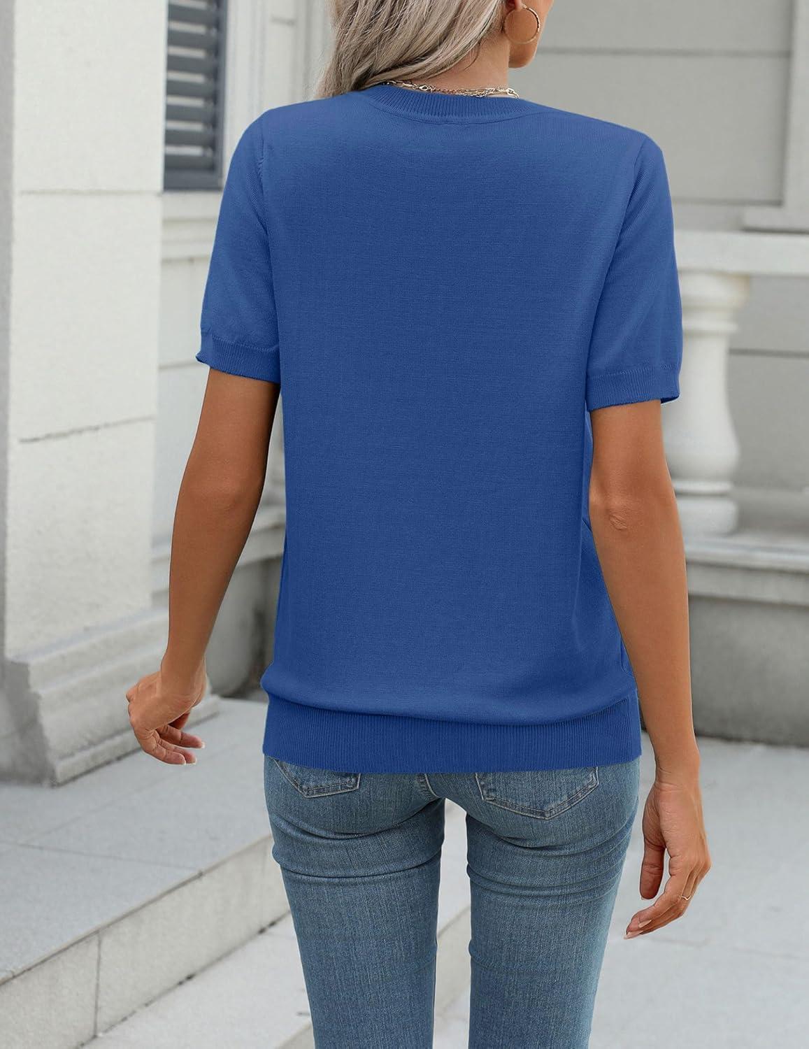 imageZeagoo Womens Summer Short Sleeve Tops Crew Neck Lightweight Pullover Sweaters Loose Dressy Casual Blouse Basic ClothesHeather Blue