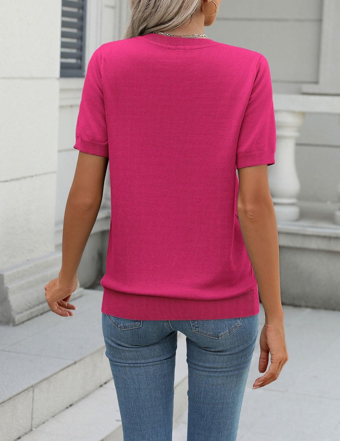 imageZeagoo Womens Summer Short Sleeve Tops Crew Neck Lightweight Pullover Sweaters Loose Dressy Casual Blouse Basic ClothesHot Pink