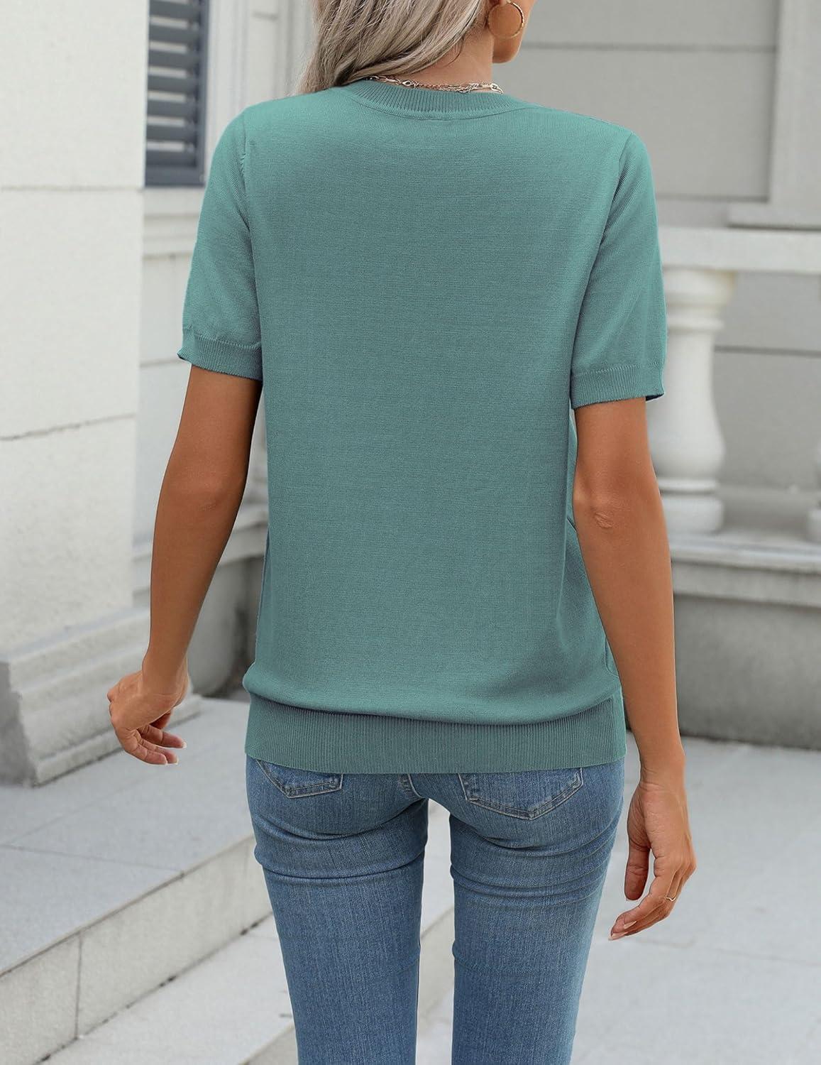 imageZeagoo Womens Summer Short Sleeve Tops Crew Neck Lightweight Pullover Sweaters Loose Dressy Casual Blouse Basic ClothesLake Blue