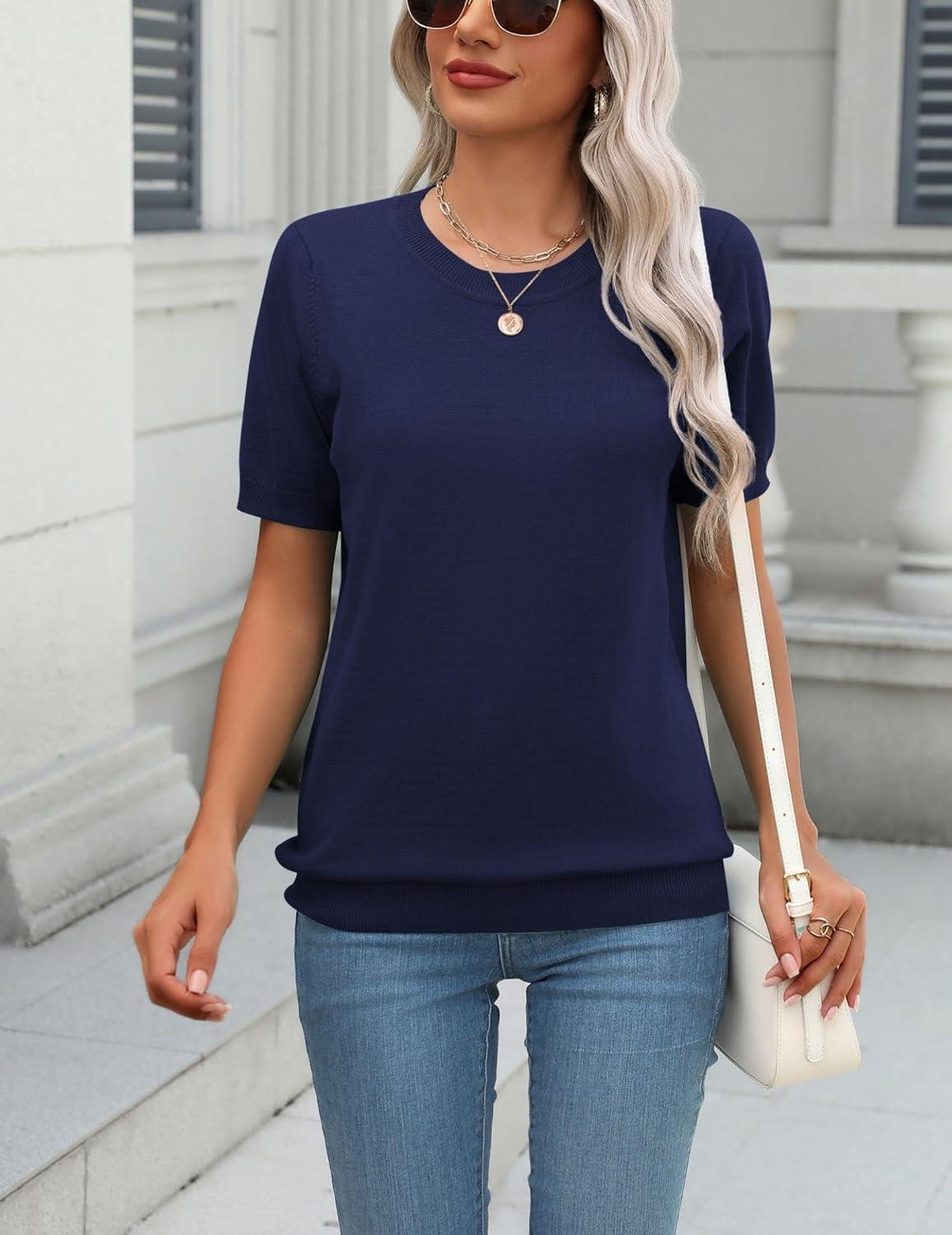 imageZeagoo Womens Summer Short Sleeve Tops Crew Neck Lightweight Pullover Sweaters Loose Dressy Casual Blouse Basic ClothesNavy Blue