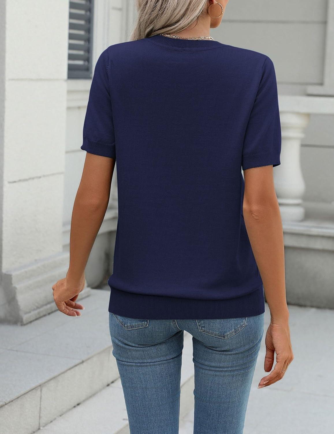 imageZeagoo Womens Summer Short Sleeve Tops Crew Neck Lightweight Pullover Sweaters Loose Dressy Casual Blouse Basic ClothesNavy Blue