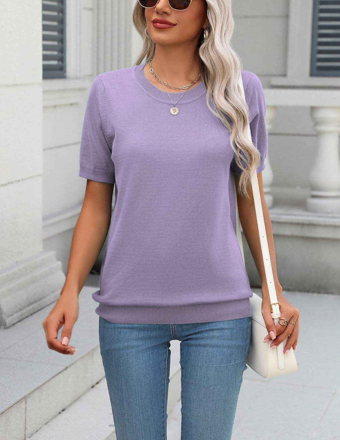 imageZeagoo Womens Summer Short Sleeve Tops Crew Neck Lightweight Pullover Sweaters Loose Dressy Casual Blouse Basic ClothesPurple