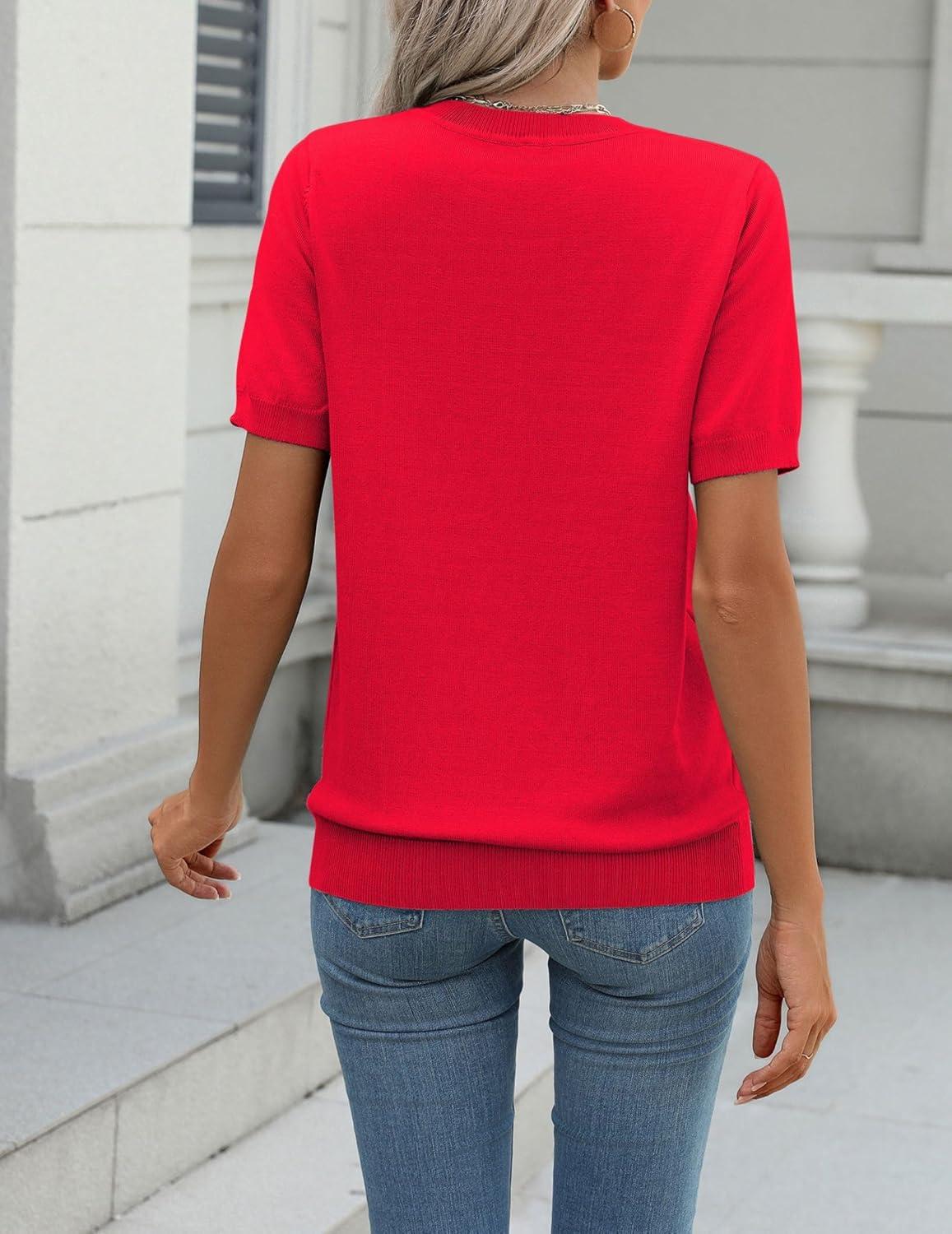 imageZeagoo Womens Summer Short Sleeve Tops Crew Neck Lightweight Pullover Sweaters Loose Dressy Casual Blouse Basic ClothesRed