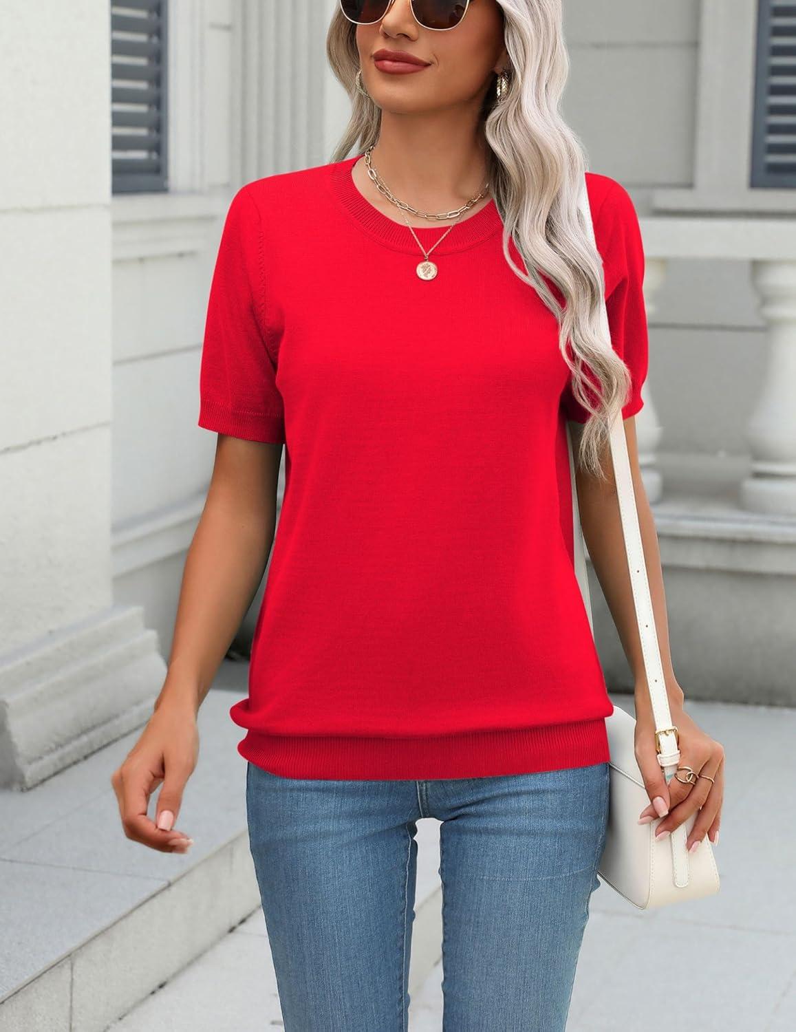 imageZeagoo Womens Summer Short Sleeve Tops Crew Neck Lightweight Pullover Sweaters Loose Dressy Casual Blouse Basic ClothesRed