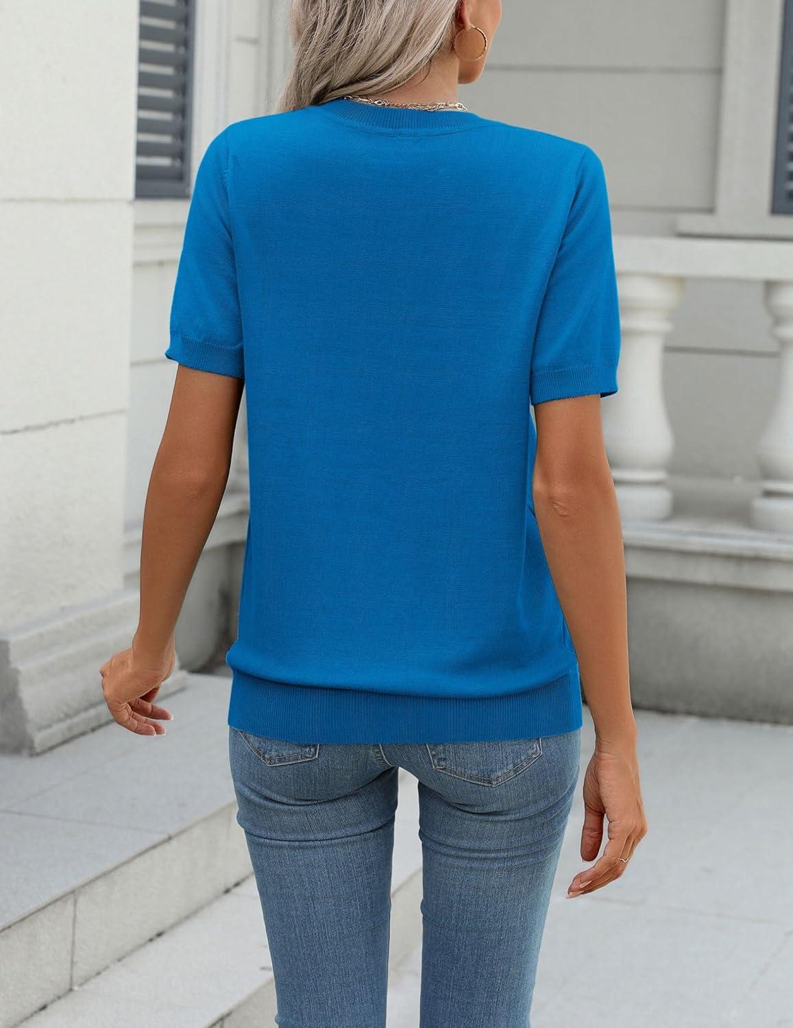 imageZeagoo Womens Summer Short Sleeve Tops Crew Neck Lightweight Pullover Sweaters Loose Dressy Casual Blouse Basic ClothesSky Blue