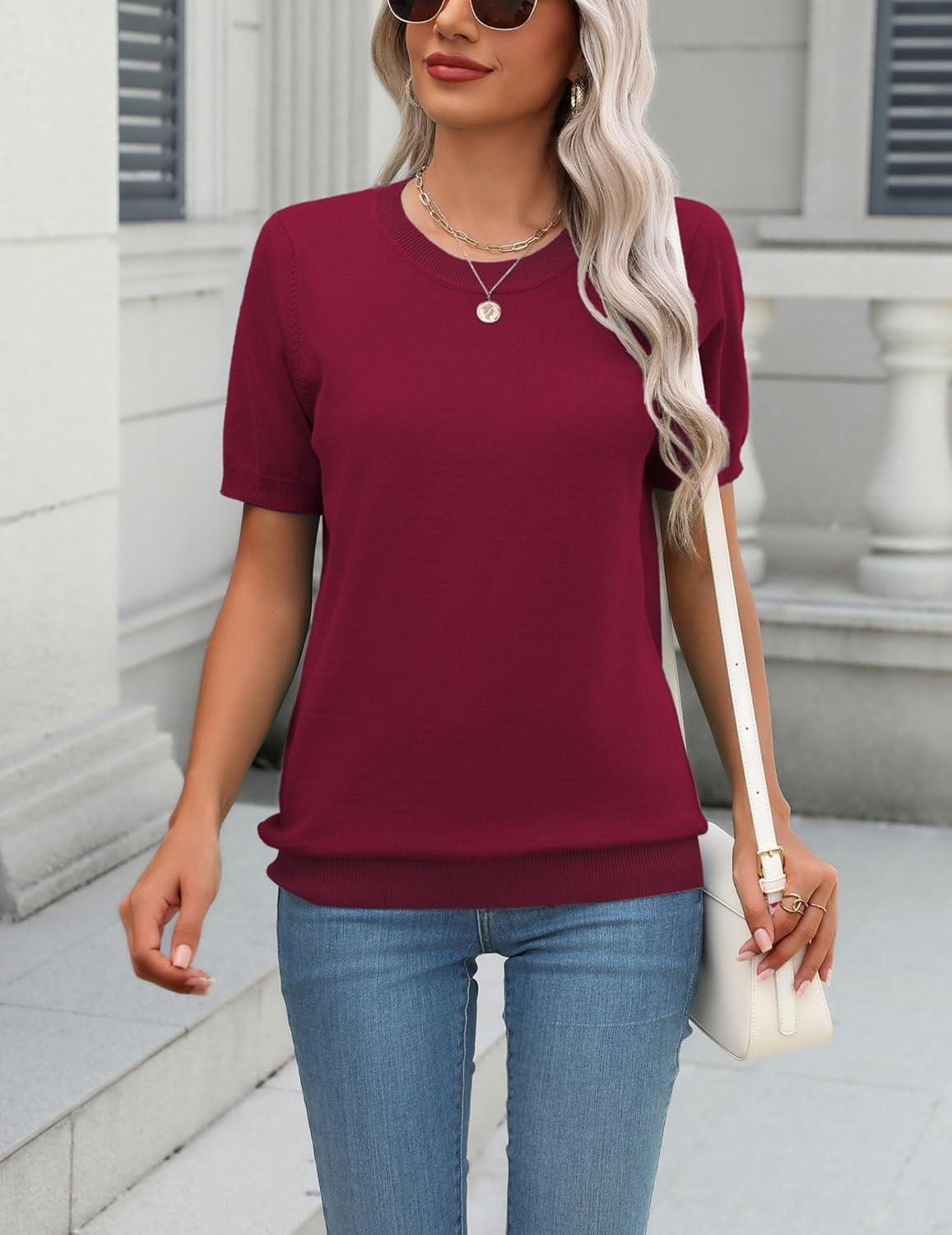 imageZeagoo Womens Summer Short Sleeve Tops Crew Neck Lightweight Pullover Sweaters Loose Dressy Casual Blouse Basic ClothesWine Red