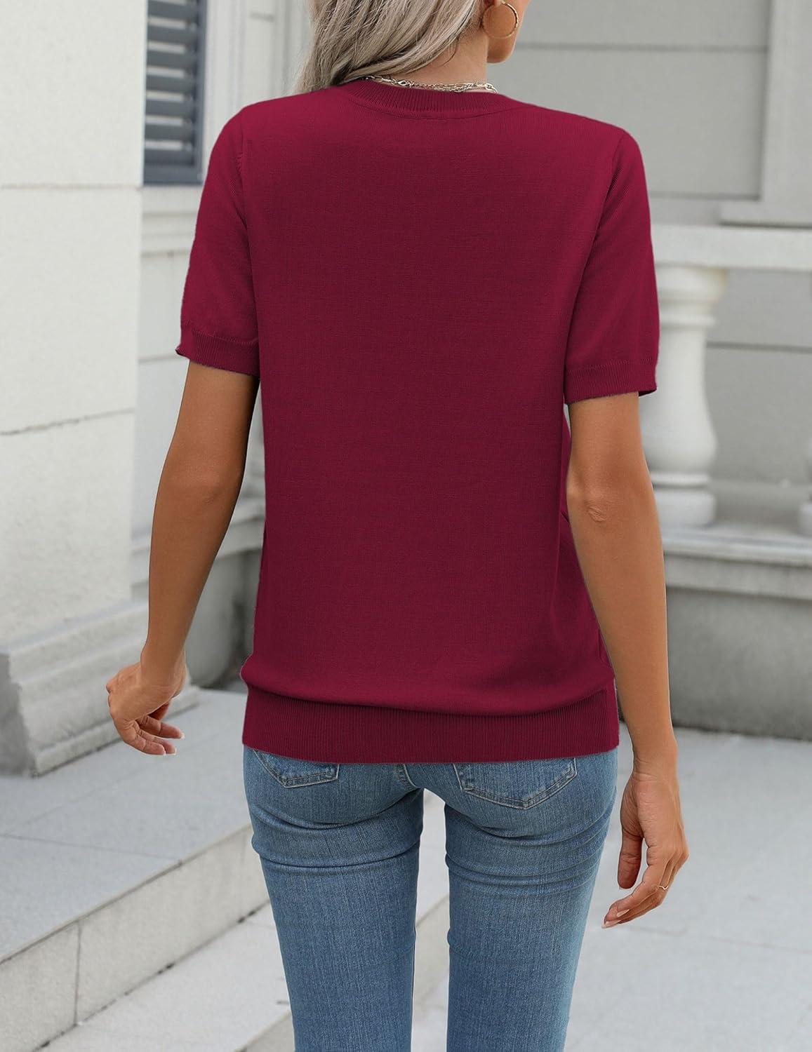 imageZeagoo Womens Summer Short Sleeve Tops Crew Neck Lightweight Pullover Sweaters Loose Dressy Casual Blouse Basic ClothesWine Red