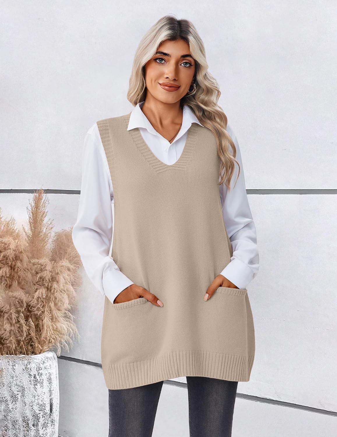 imageZeagoo Womens Sweater Vest 2026 Oversized Sleeveless V Neck Pullovers with Pocket Knitted Fall OutfitsApricot