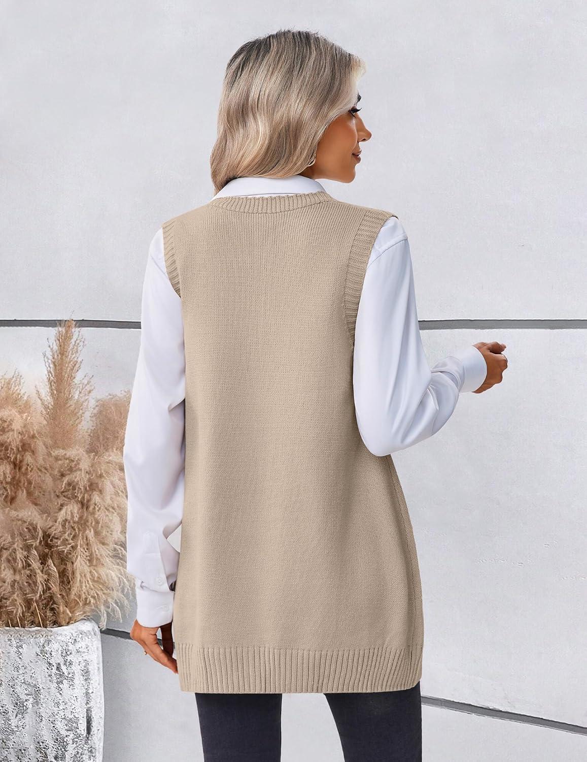 imageZeagoo Womens Sweater Vest 2026 Oversized Sleeveless V Neck Pullovers with Pocket Knitted Fall OutfitsApricot