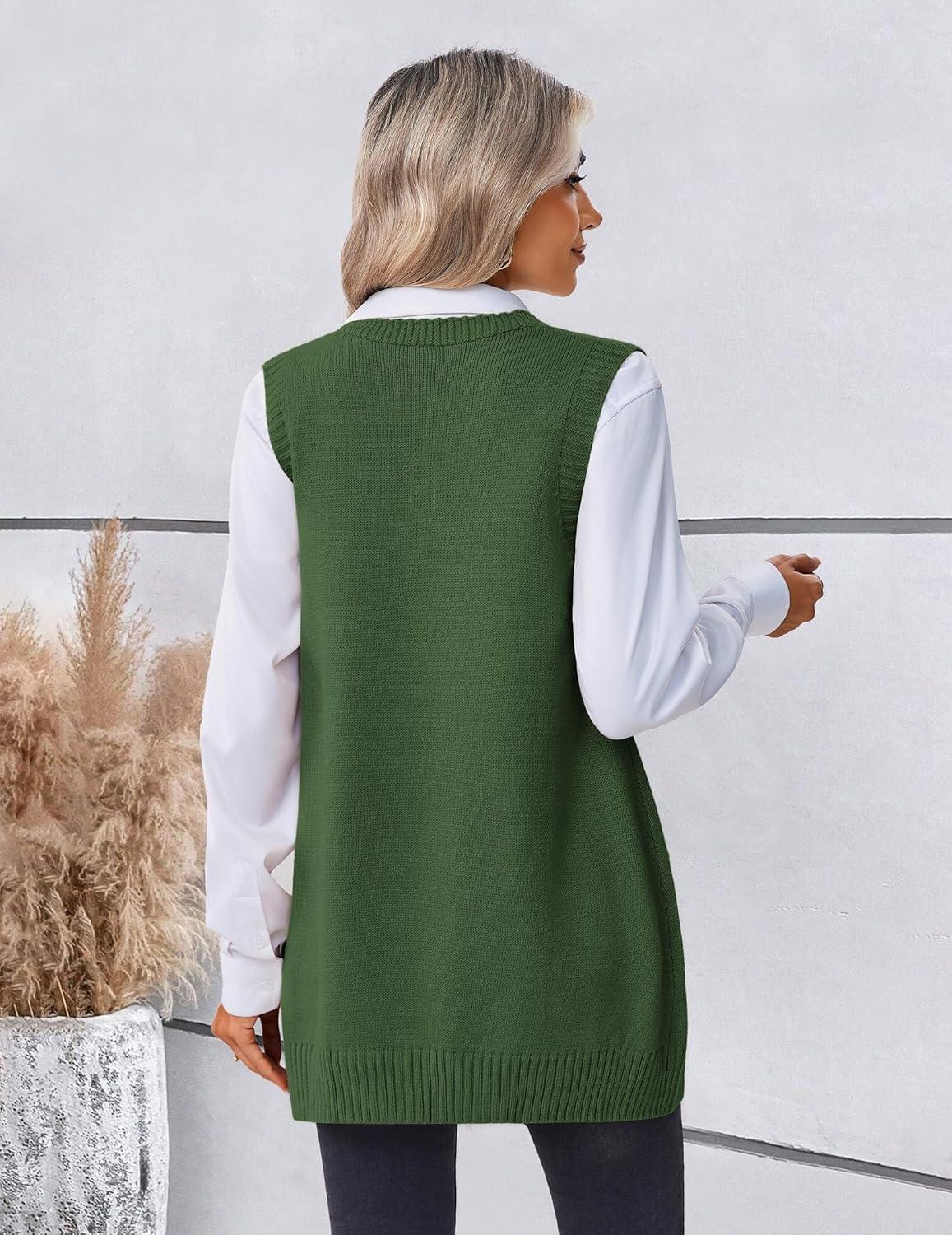 imageZeagoo Womens Sweater Vest 2026 Oversized Sleeveless V Neck Pullovers with Pocket Knitted Fall OutfitsArmy Green