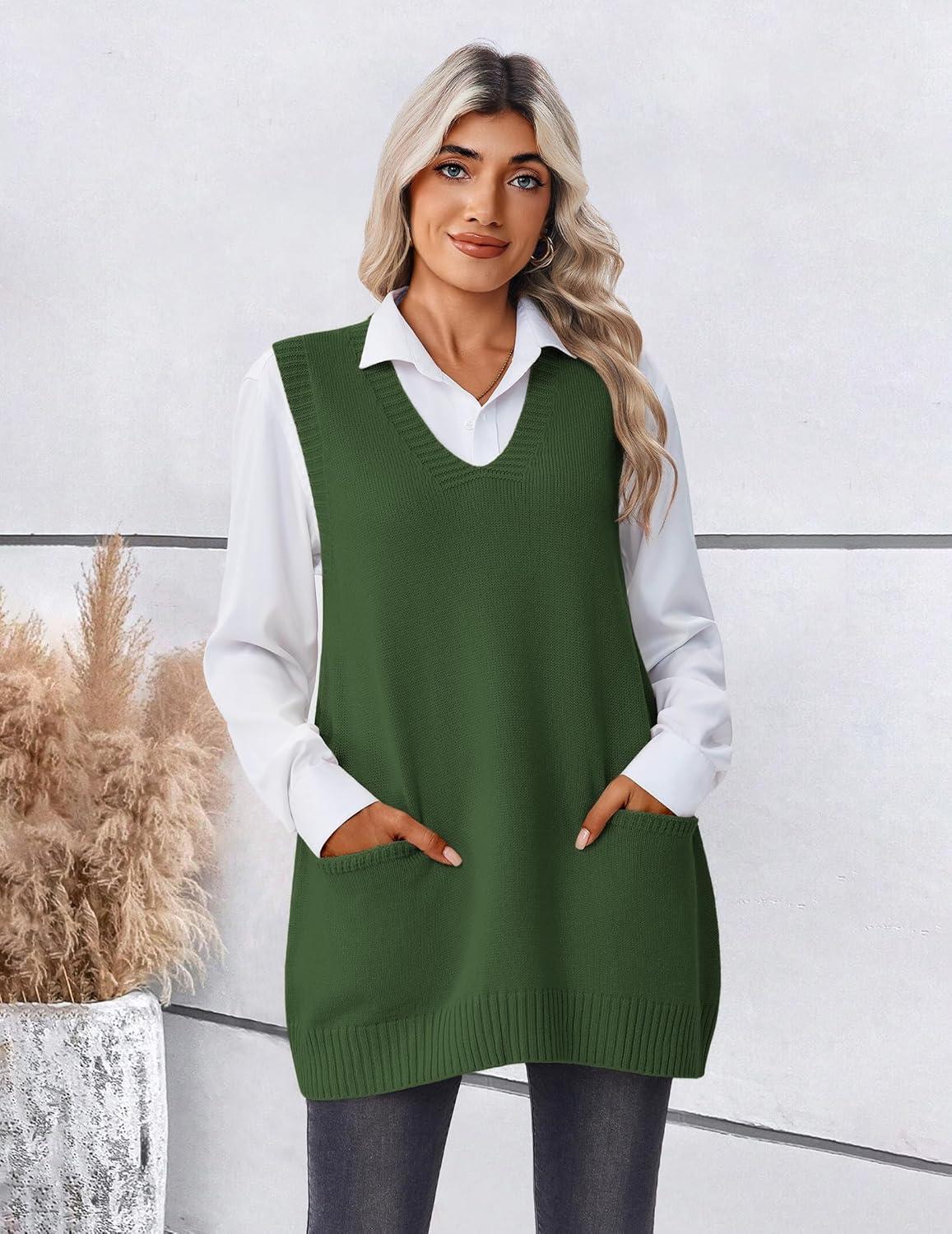 imageZeagoo Womens Sweater Vest 2026 Oversized Sleeveless V Neck Pullovers with Pocket Knitted Fall OutfitsArmy Green