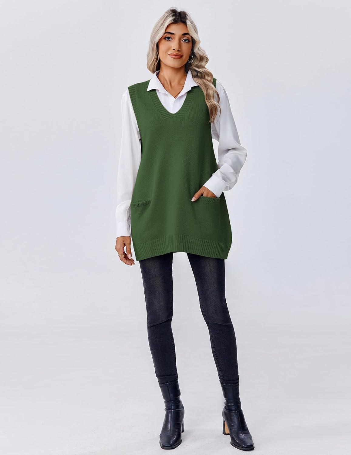 imageZeagoo Womens Sweater Vest 2026 Oversized Sleeveless V Neck Pullovers with Pocket Knitted Fall OutfitsArmy Green