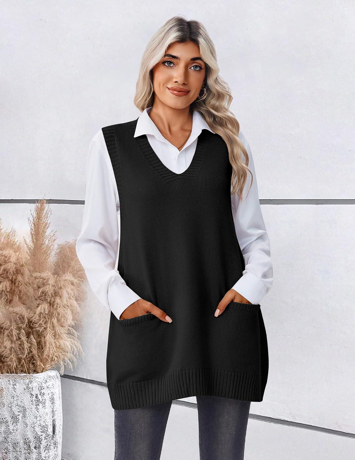 imageZeagoo Womens Sweater Vest 2026 Oversized Sleeveless V Neck Pullovers with Pocket Knitted Fall OutfitsBlack