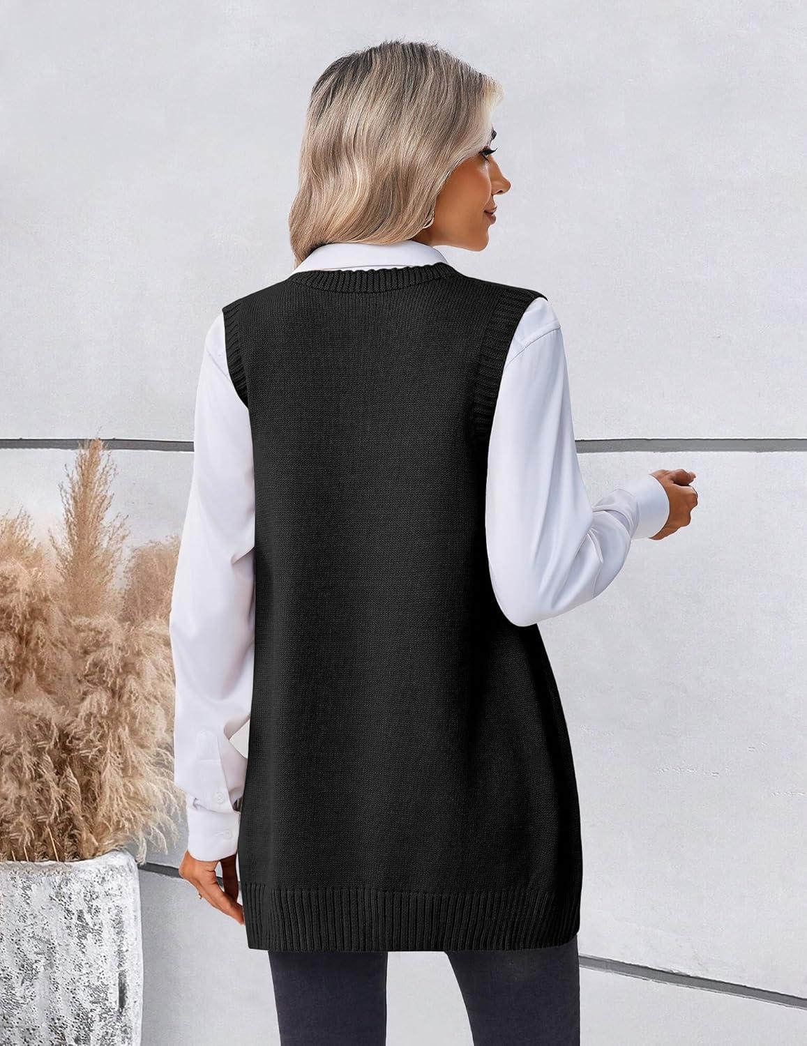 imageZeagoo Womens Sweater Vest 2026 Oversized Sleeveless V Neck Pullovers with Pocket Knitted Fall OutfitsBlack