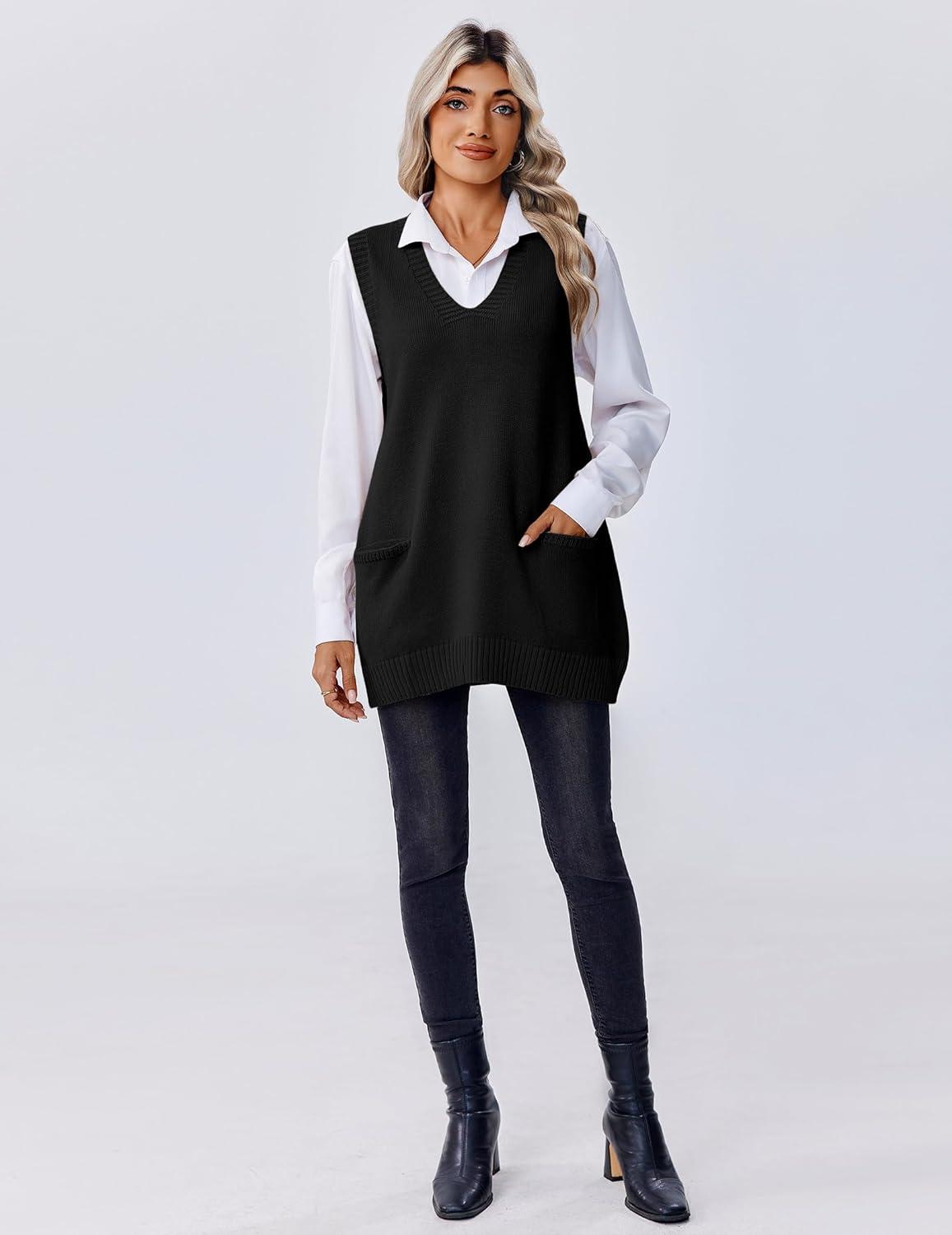imageZeagoo Womens Sweater Vest 2026 Oversized Sleeveless V Neck Pullovers with Pocket Knitted Fall OutfitsBlack