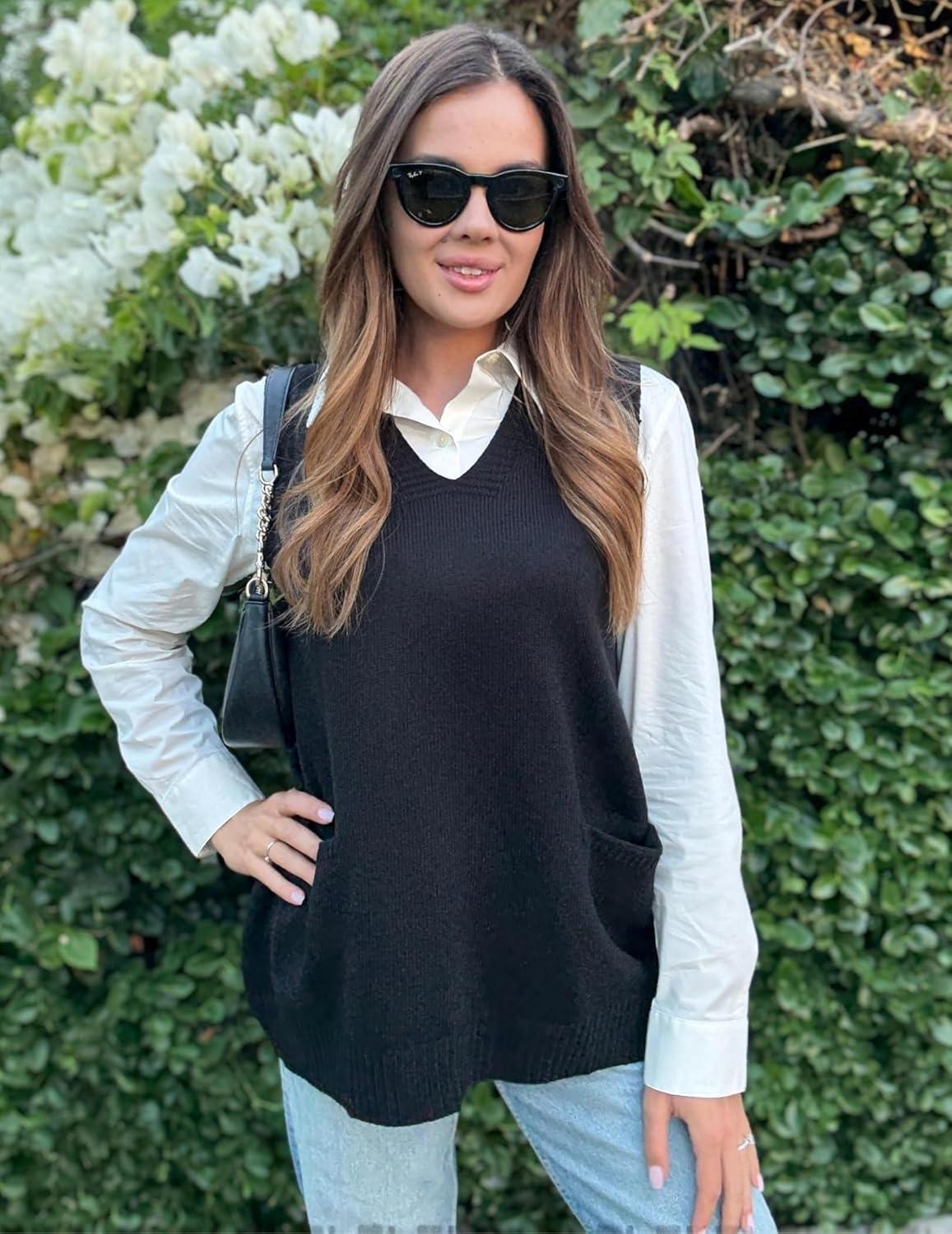 imageZeagoo Womens Sweater Vest 2026 Oversized Sleeveless V Neck Pullovers with Pocket Knitted Fall OutfitsBlack