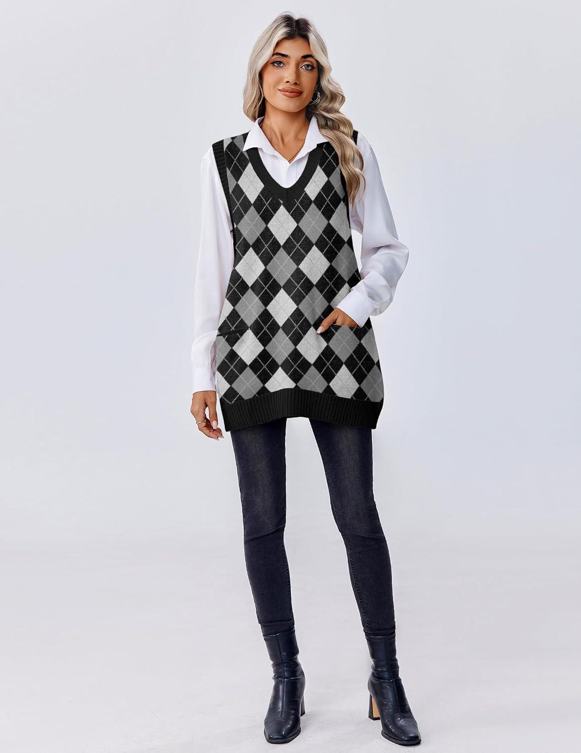 imageZeagoo Womens Sweater Vest 2026 Oversized Sleeveless V Neck Pullovers with Pocket Knitted Fall OutfitsBlack Argyle