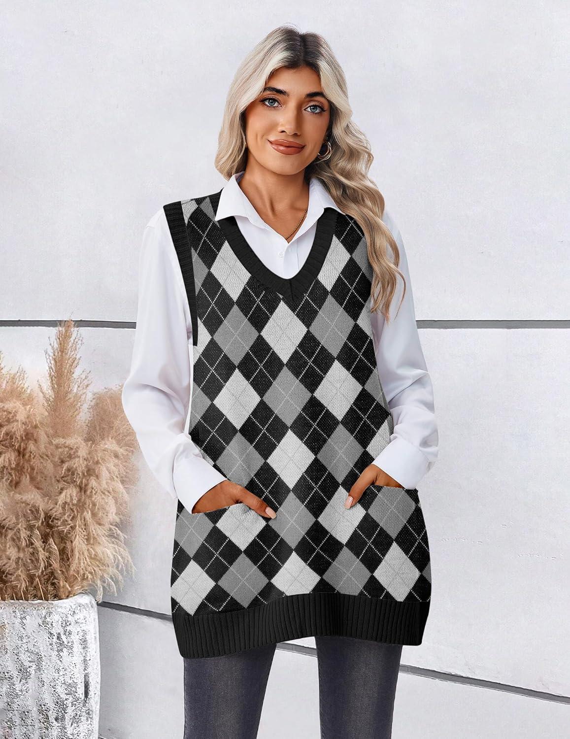 imageZeagoo Womens Sweater Vest 2026 Oversized Sleeveless V Neck Pullovers with Pocket Knitted Fall OutfitsBlack Argyle