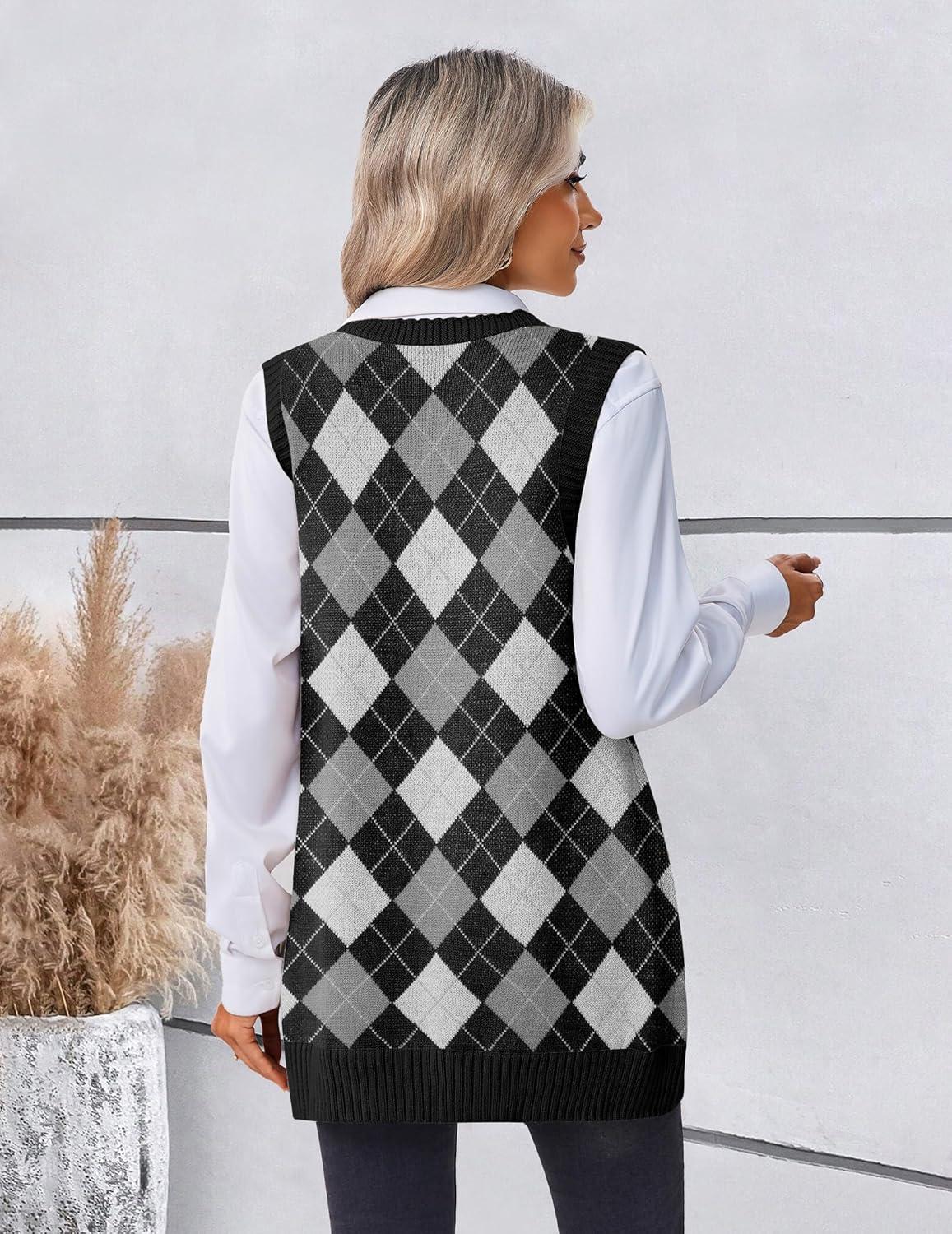 imageZeagoo Womens Sweater Vest 2026 Oversized Sleeveless V Neck Pullovers with Pocket Knitted Fall OutfitsBlack Argyle