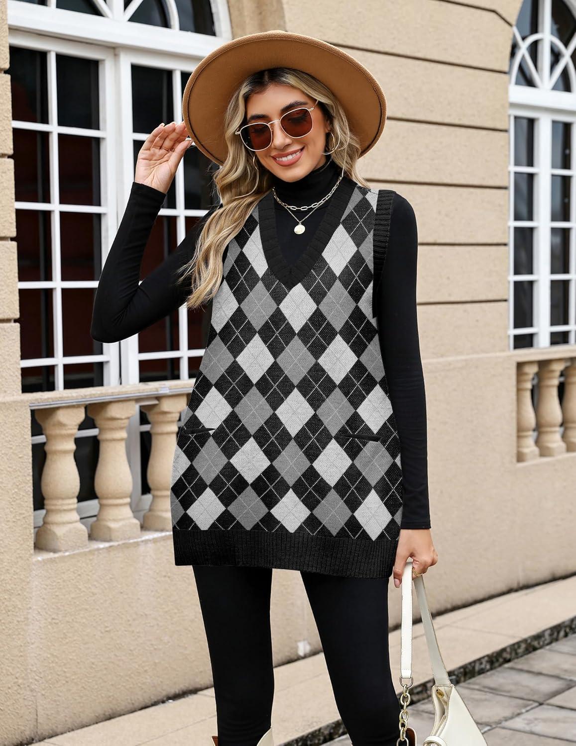 imageZeagoo Womens Sweater Vest 2026 Oversized Sleeveless V Neck Pullovers with Pocket Knitted Fall OutfitsBlack Argyle