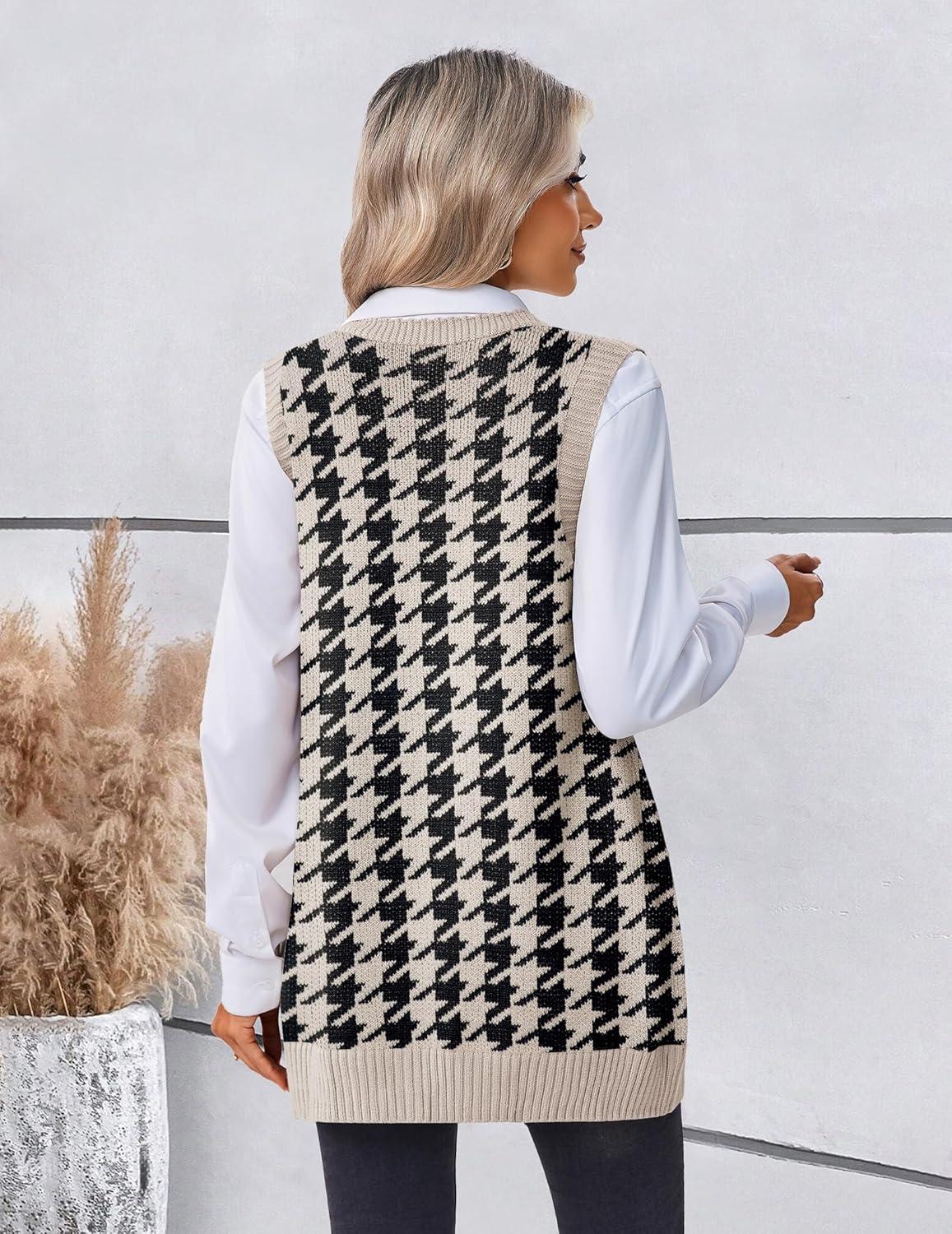 imageZeagoo Womens Sweater Vest 2026 Oversized Sleeveless V Neck Pullovers with Pocket Knitted Fall OutfitsBlack Houndstooth