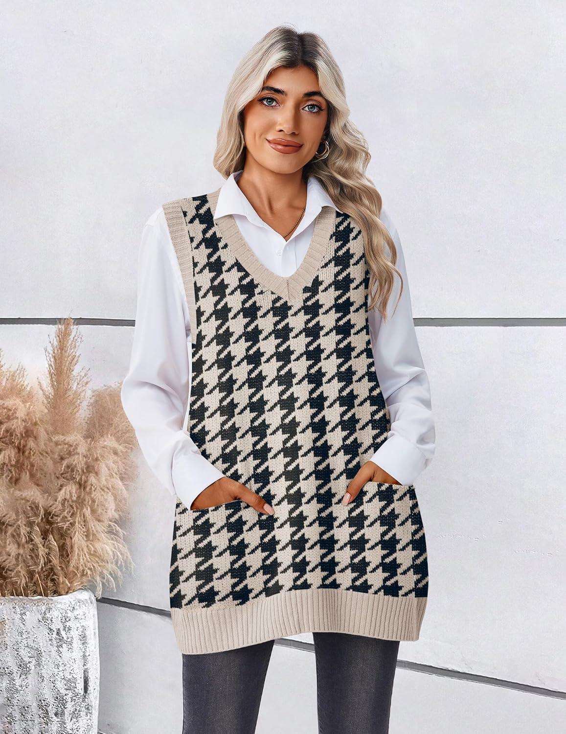 imageZeagoo Womens Sweater Vest 2026 Oversized Sleeveless V Neck Pullovers with Pocket Knitted Fall OutfitsBlack Houndstooth