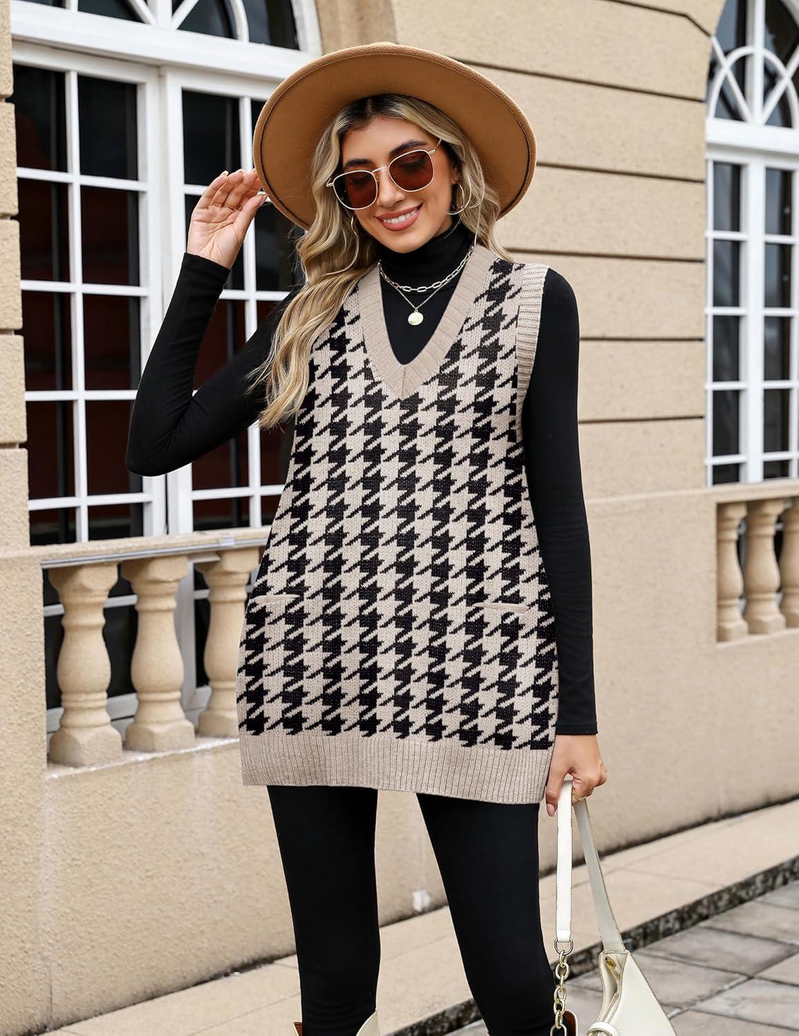 imageZeagoo Womens Sweater Vest 2026 Oversized Sleeveless V Neck Pullovers with Pocket Knitted Fall OutfitsBlack Houndstooth