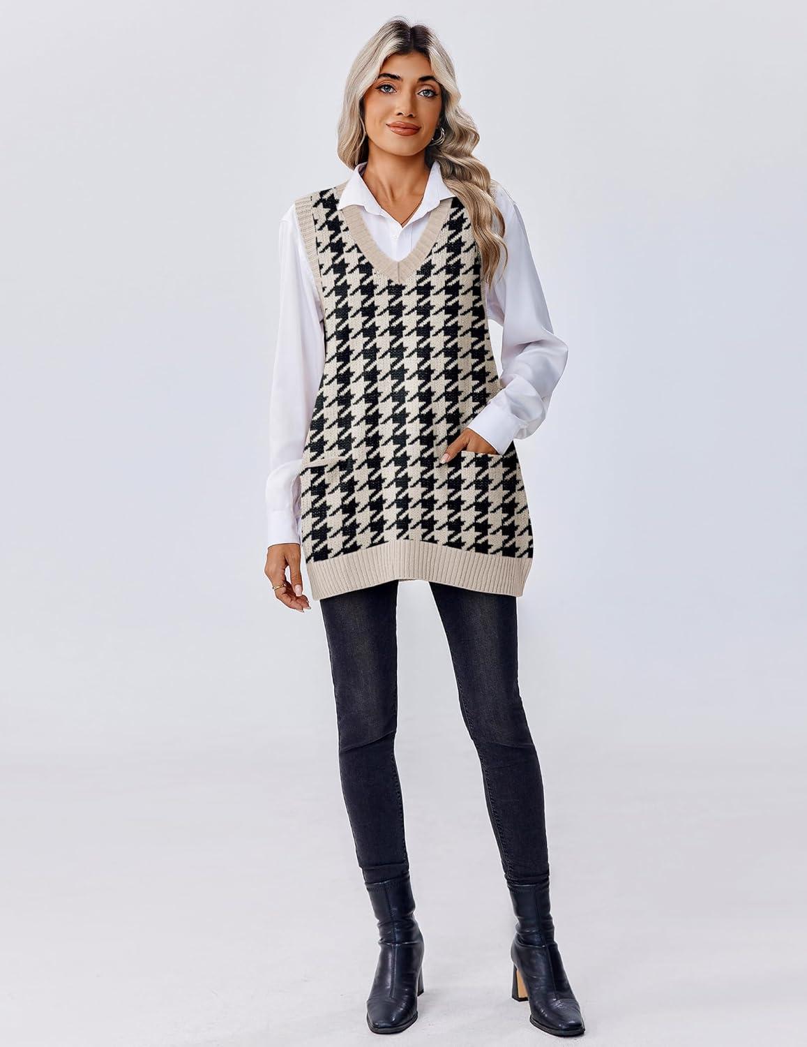 imageZeagoo Womens Sweater Vest 2026 Oversized Sleeveless V Neck Pullovers with Pocket Knitted Fall OutfitsBlack Houndstooth