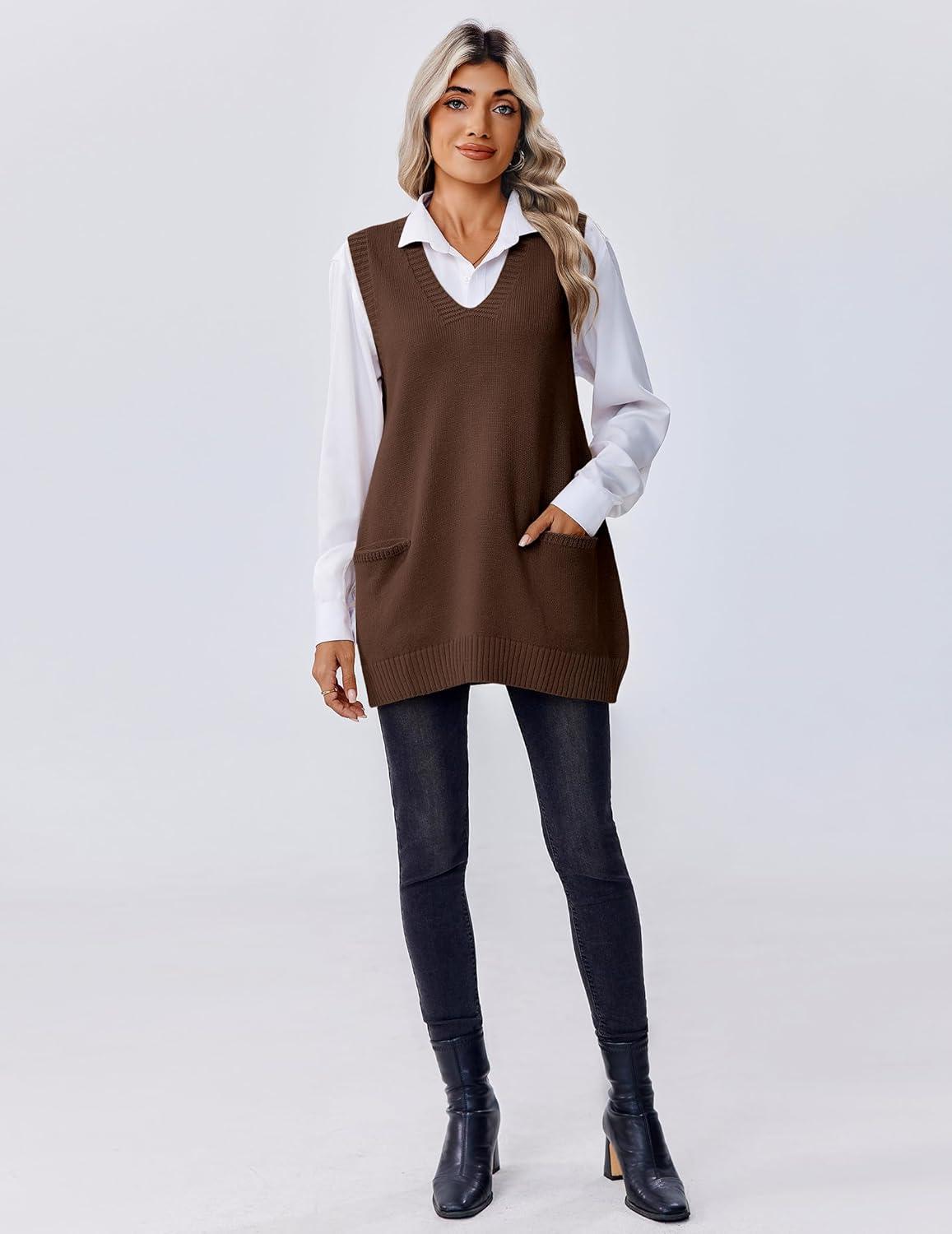 imageZeagoo Womens Sweater Vest 2026 Oversized Sleeveless V Neck Pullovers with Pocket Knitted Fall OutfitsBrown