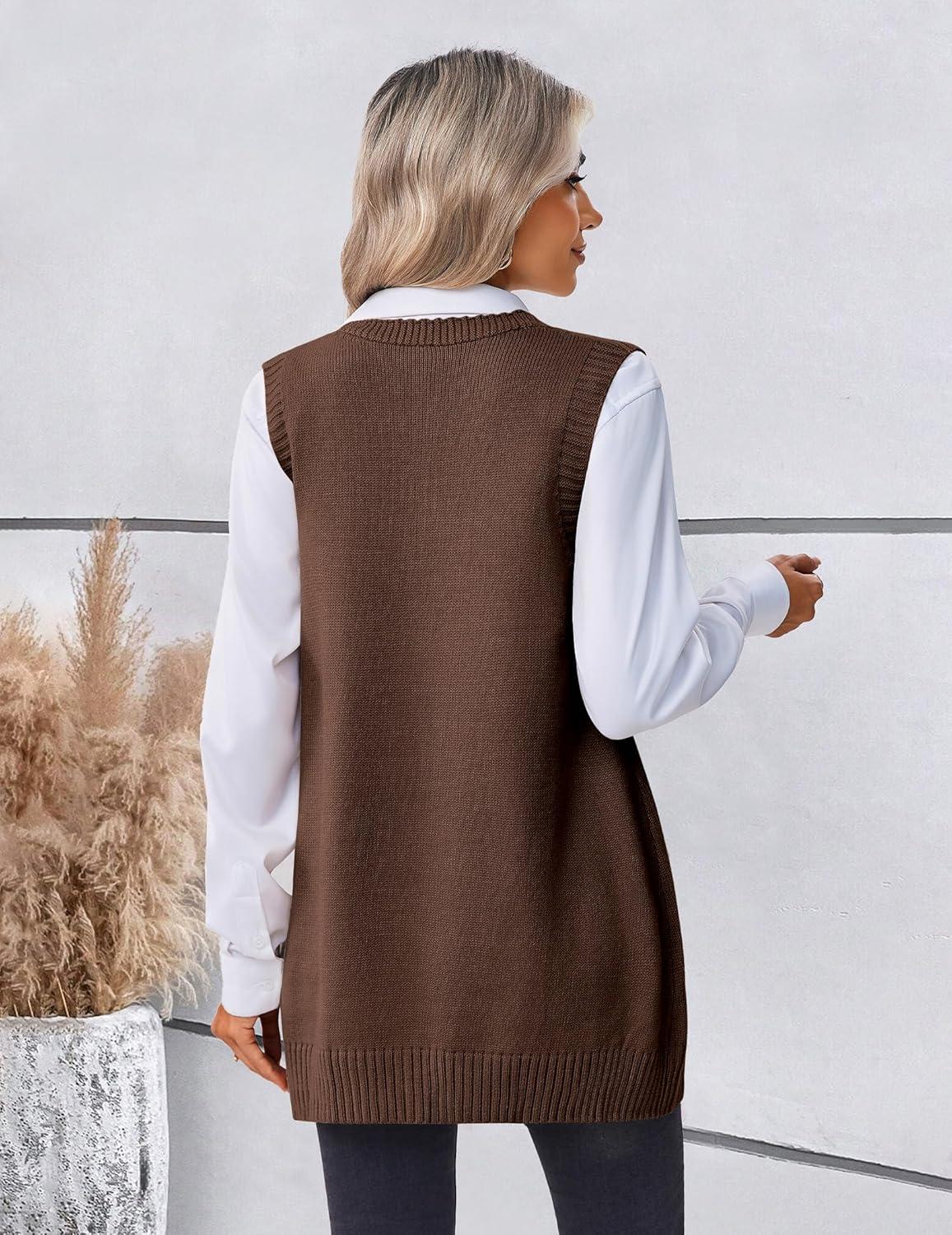imageZeagoo Womens Sweater Vest 2026 Oversized Sleeveless V Neck Pullovers with Pocket Knitted Fall OutfitsBrown