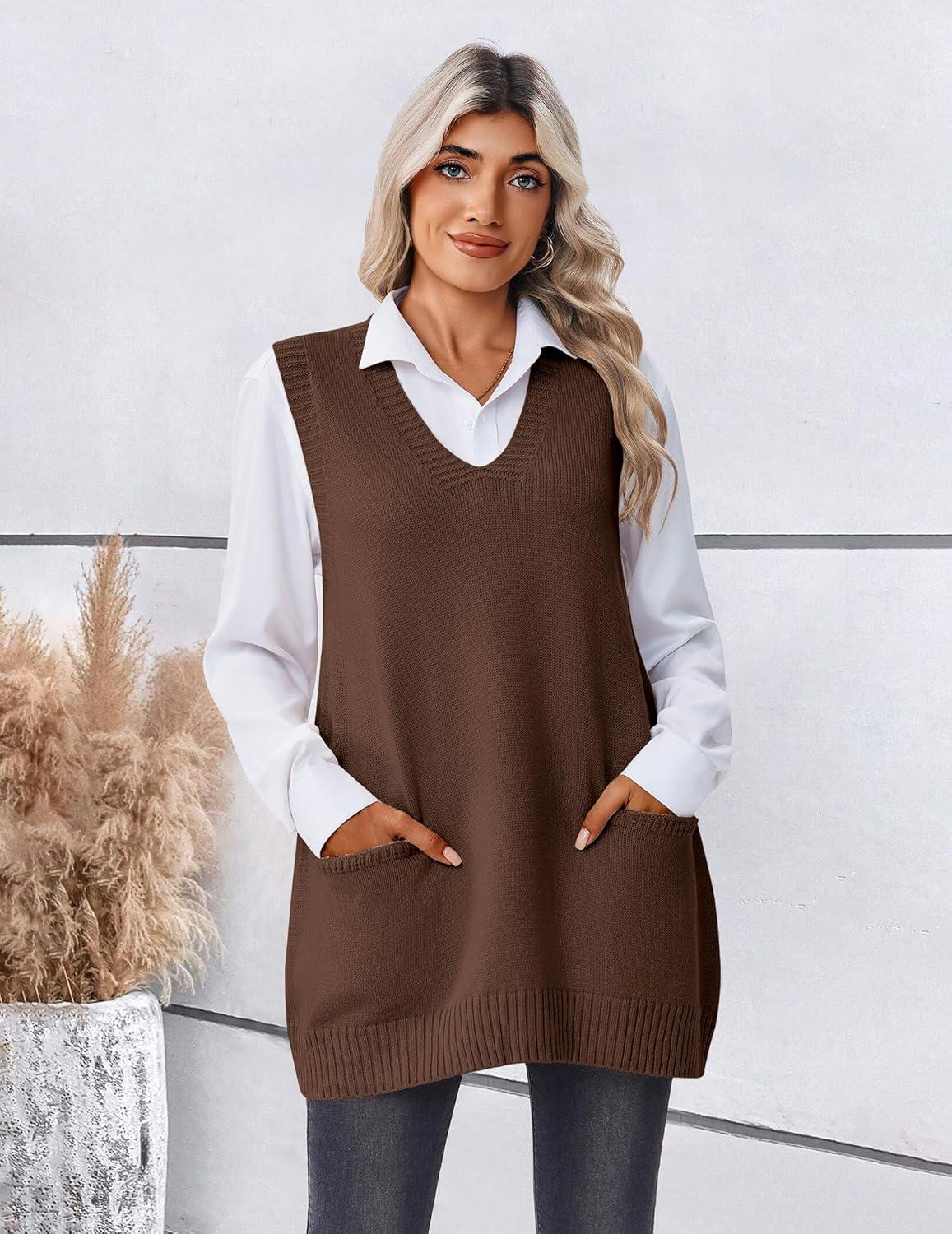 imageZeagoo Womens Sweater Vest 2026 Oversized Sleeveless V Neck Pullovers with Pocket Knitted Fall OutfitsBrown