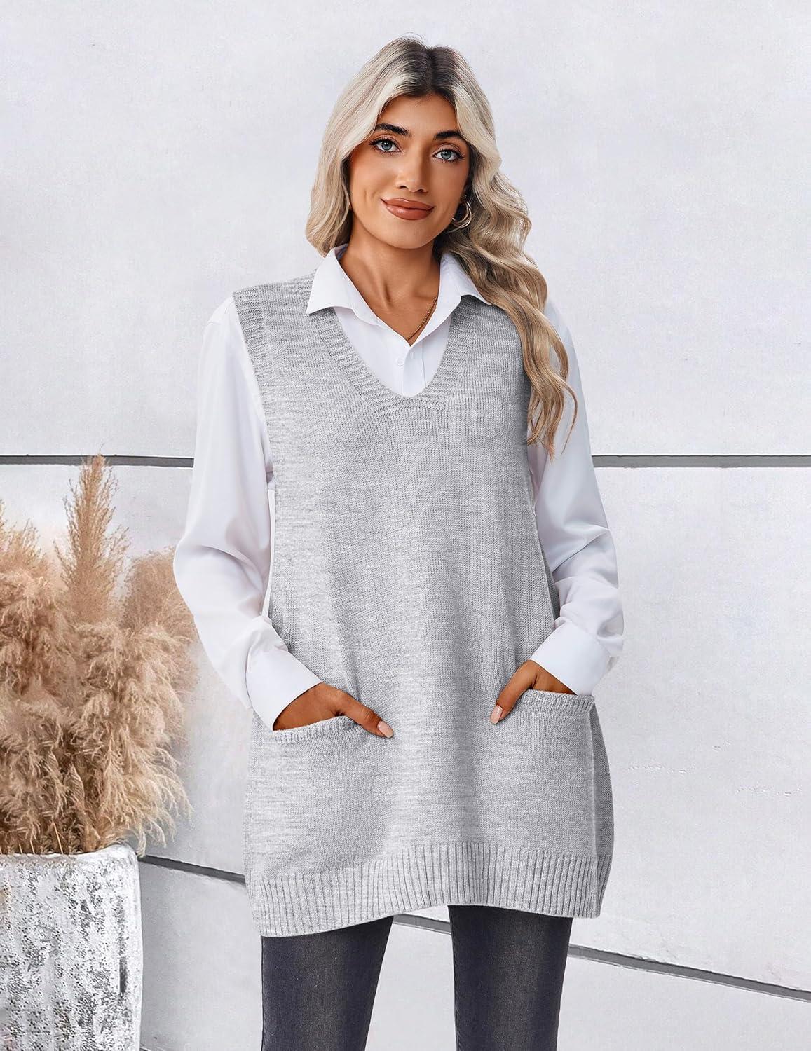 imageZeagoo Womens Sweater Vest 2026 Oversized Sleeveless V Neck Pullovers with Pocket Knitted Fall OutfitsGrey