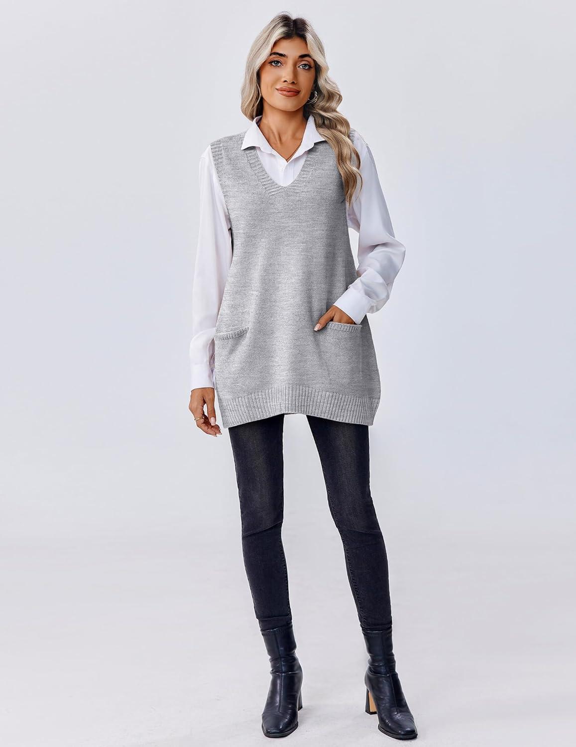 imageZeagoo Womens Sweater Vest 2026 Oversized Sleeveless V Neck Pullovers with Pocket Knitted Fall OutfitsGrey
