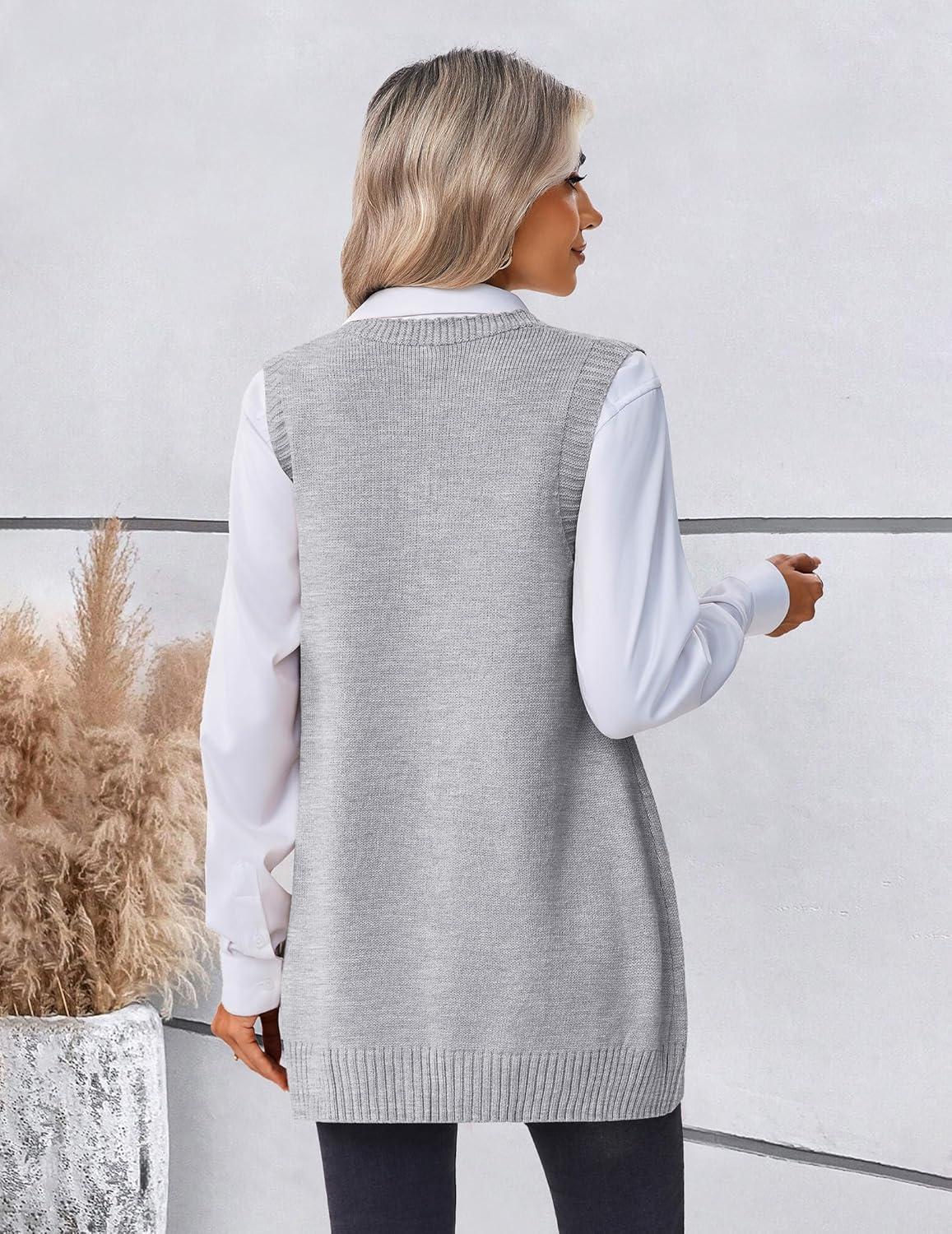 imageZeagoo Womens Sweater Vest 2026 Oversized Sleeveless V Neck Pullovers with Pocket Knitted Fall OutfitsGrey
