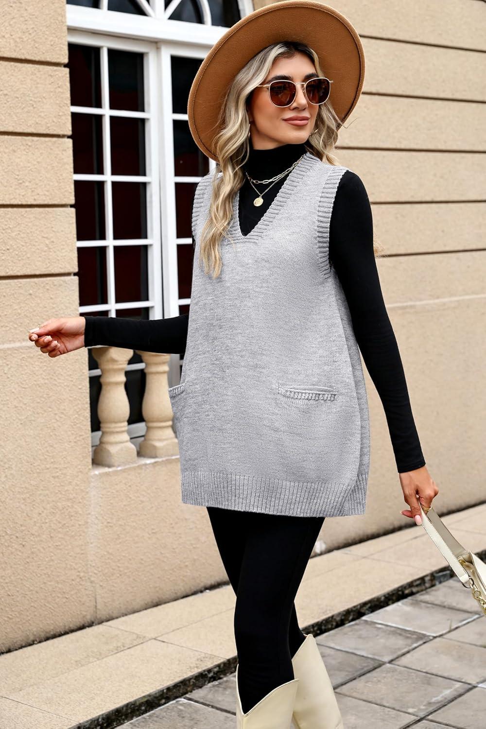imageZeagoo Womens Sweater Vest 2026 Oversized Sleeveless V Neck Pullovers with Pocket Knitted Fall OutfitsGrey
