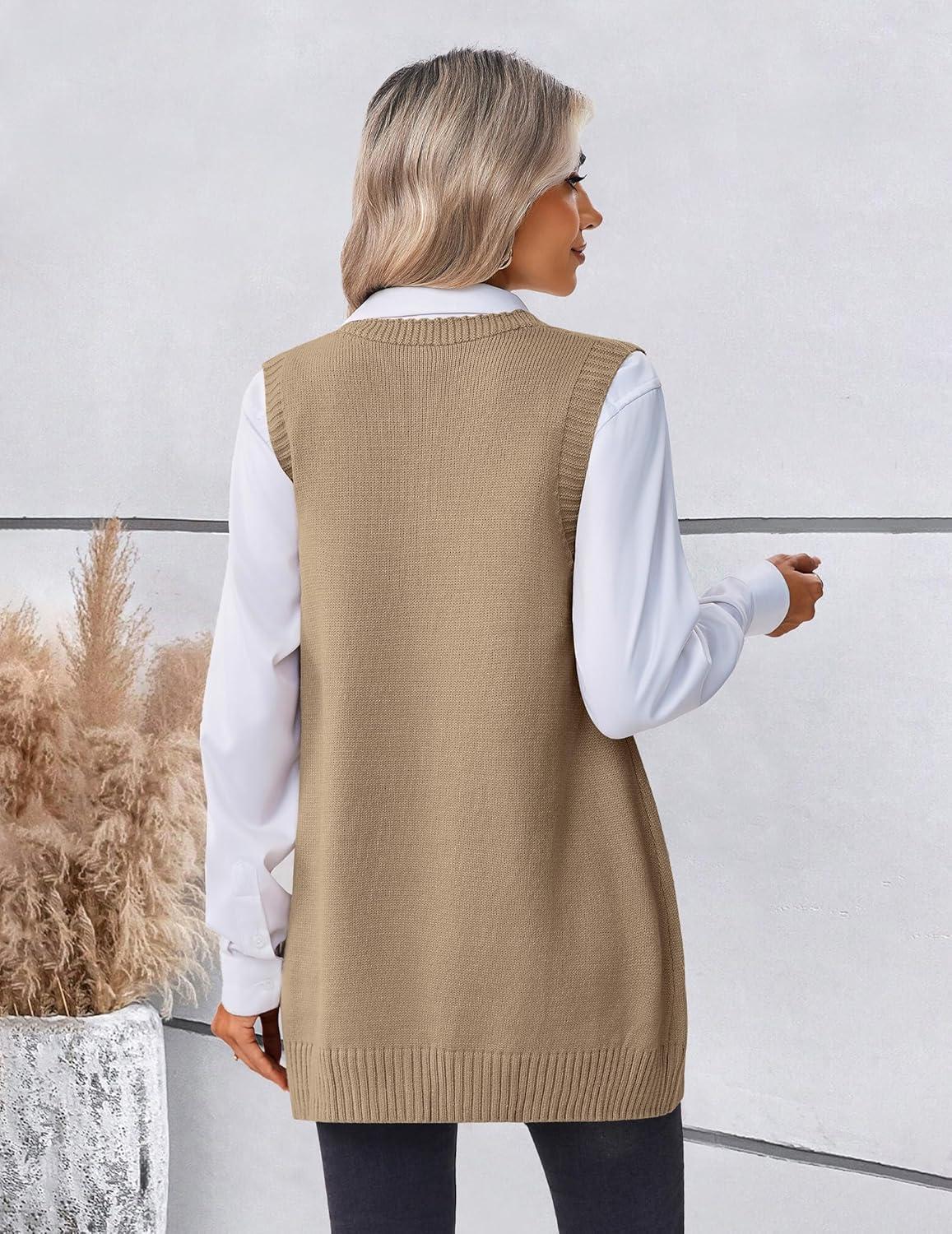 imageZeagoo Womens Sweater Vest 2026 Oversized Sleeveless V Neck Pullovers with Pocket Knitted Fall OutfitsKhaki