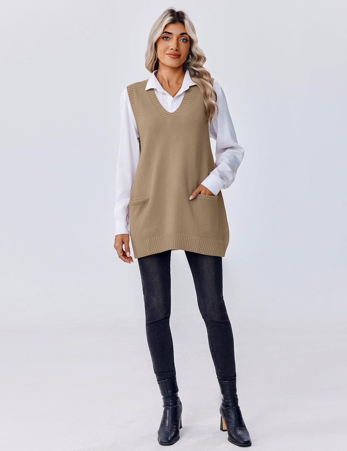 imageZeagoo Womens Sweater Vest 2026 Oversized Sleeveless V Neck Pullovers with Pocket Knitted Fall OutfitsKhaki