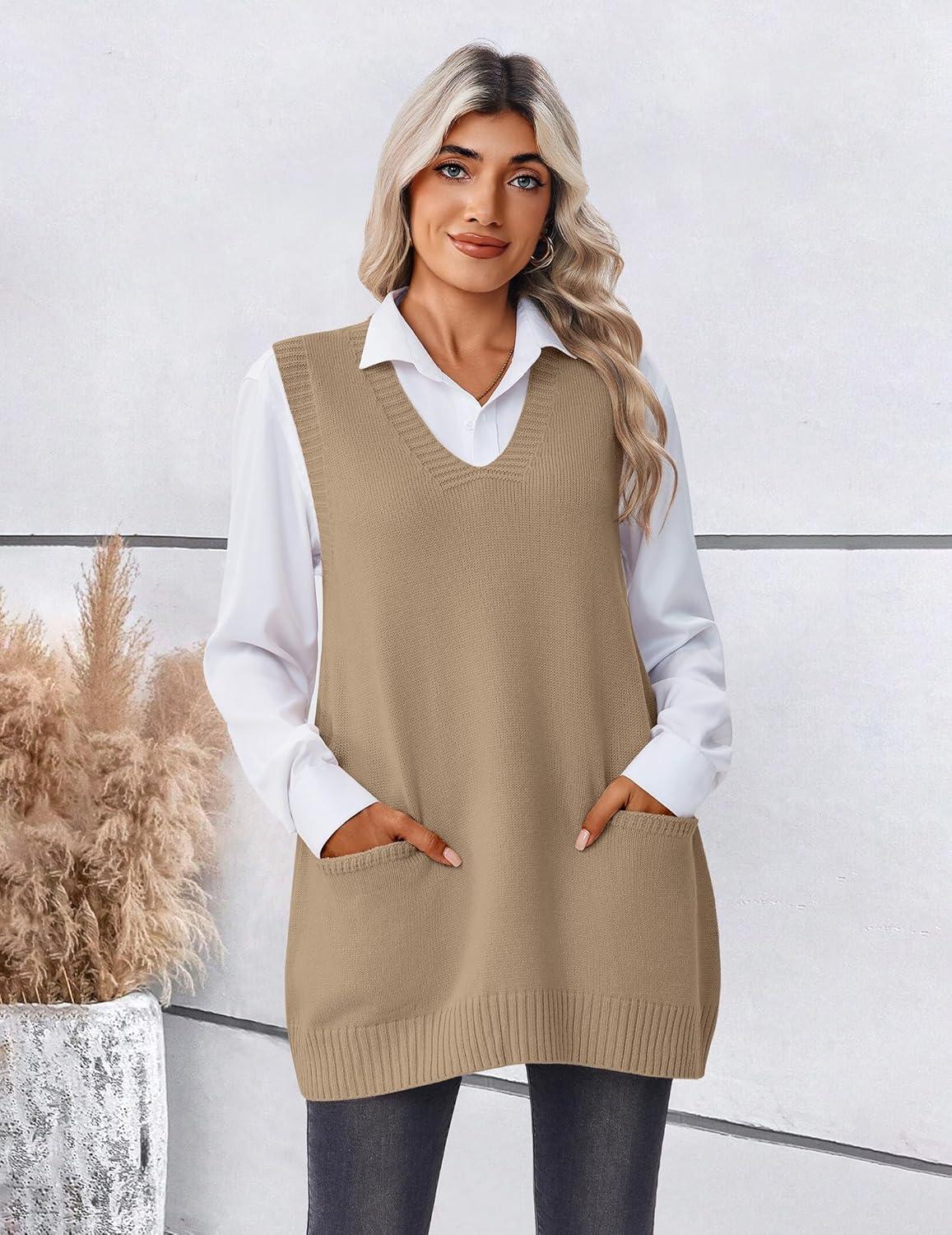 imageZeagoo Womens Sweater Vest 2026 Oversized Sleeveless V Neck Pullovers with Pocket Knitted Fall OutfitsKhaki