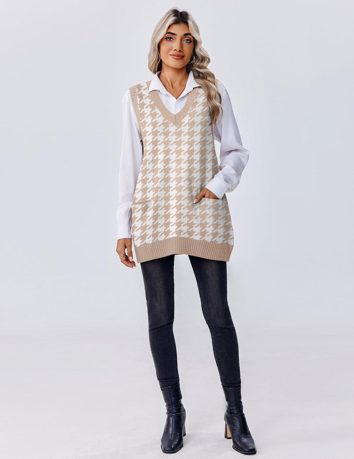 imageZeagoo Womens Sweater Vest 2026 Oversized Sleeveless V Neck Pullovers with Pocket Knitted Fall OutfitsKhaki Houndstooth